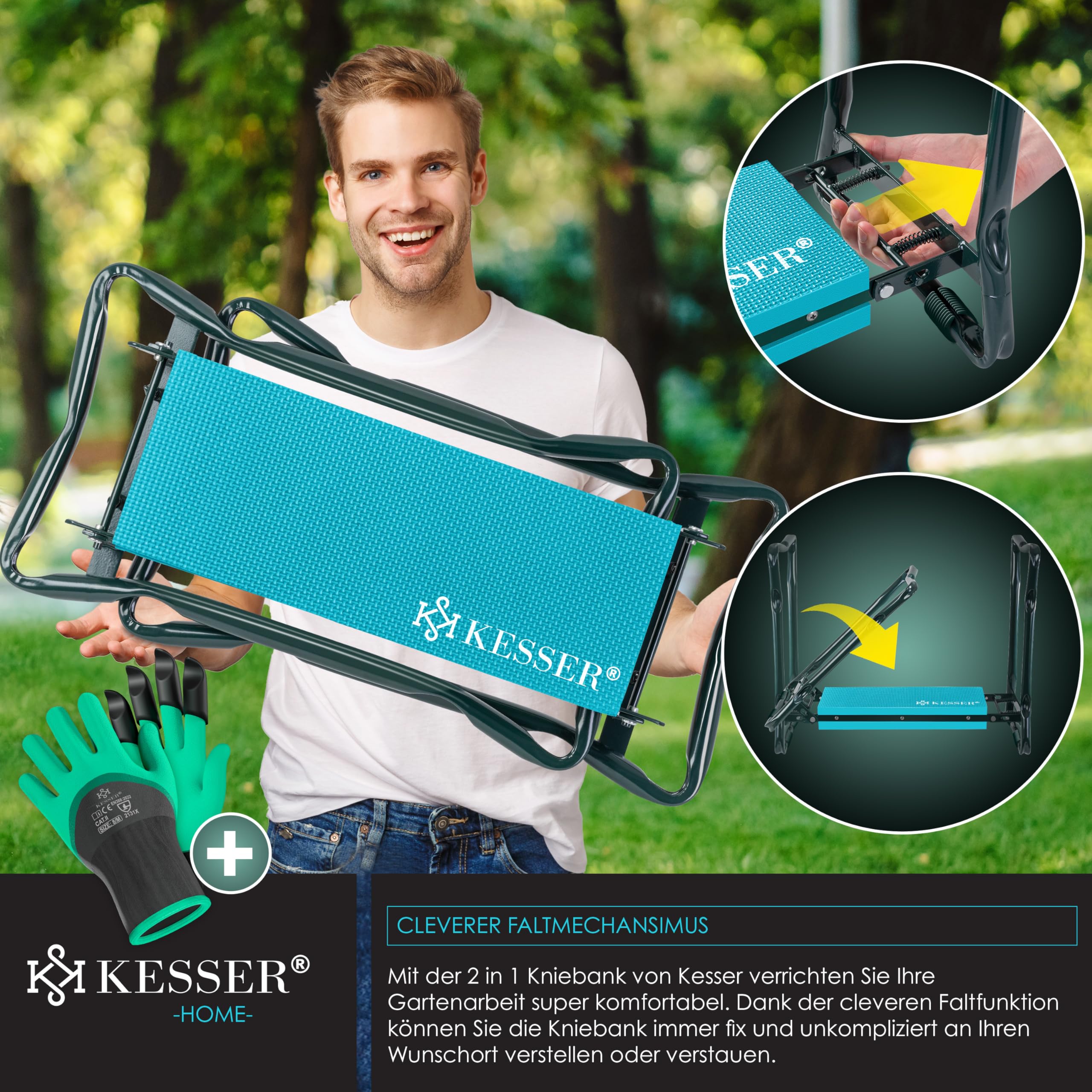 KESSER® 2 in 1 XXL Kniebank für Gartenarbeit Gepolstert Sitzunterlage Eva-Schaumkissen Gartenhocker Klappbar | 2X Werkzeugtasche Handschuhe Gartenkelle & Rechen | Gartenbank 60x50x27cm bis 150 kg