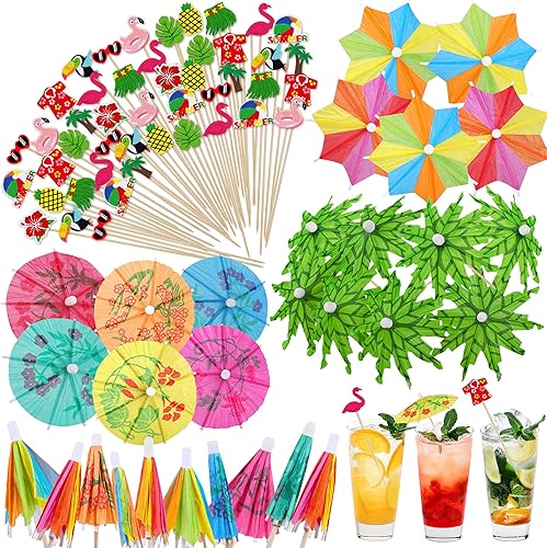 210 piezas hawaianas Luau surtidas selecciones tropicales de bambú para cóctel tropical de bambú, palma de coco tropical verde, paraguas de papel
