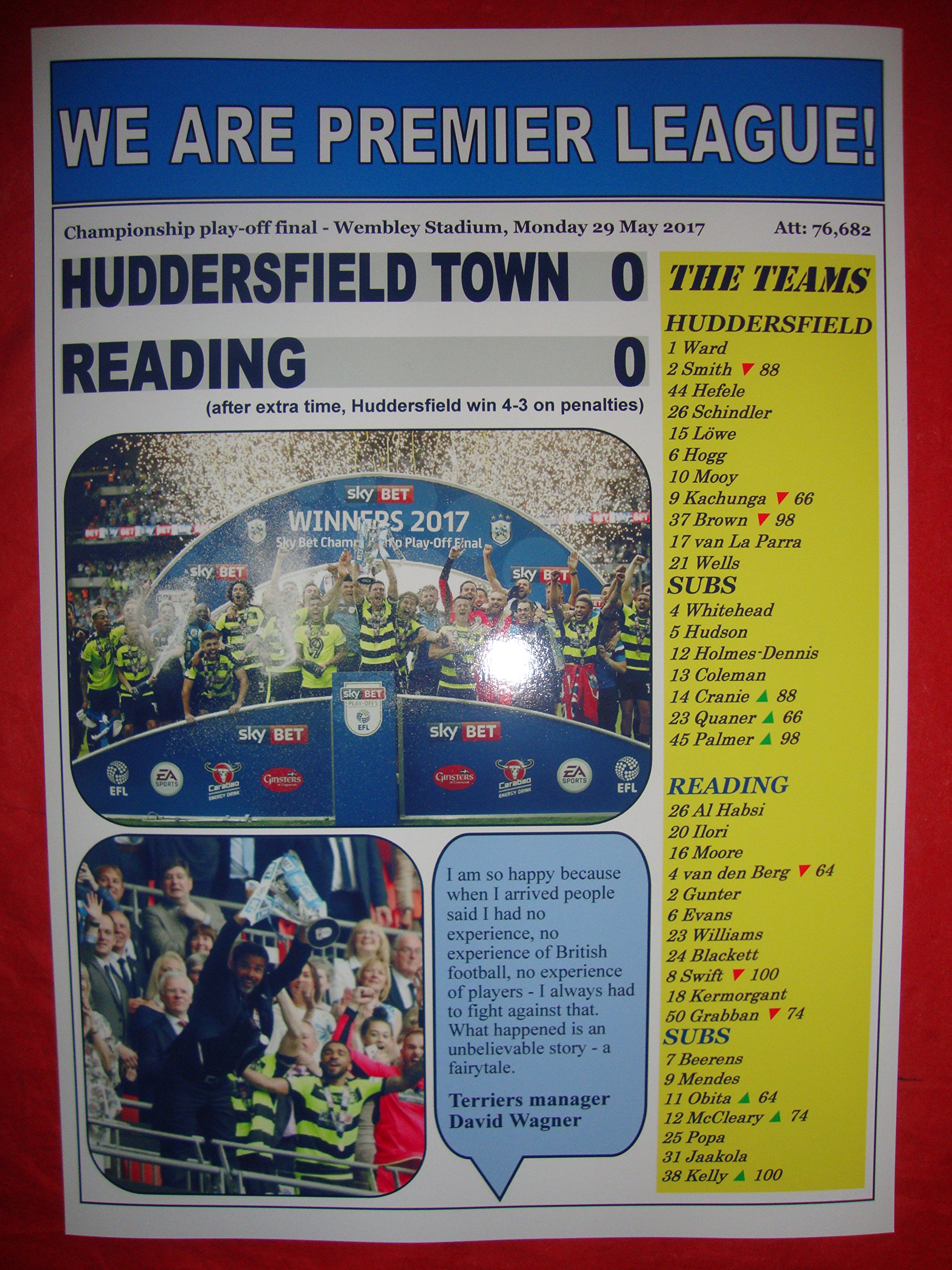 Lilywhite Multimedia Huddersfield Town 0 Reading 0-2017 Championship Play-Off Final - Souvenir Print