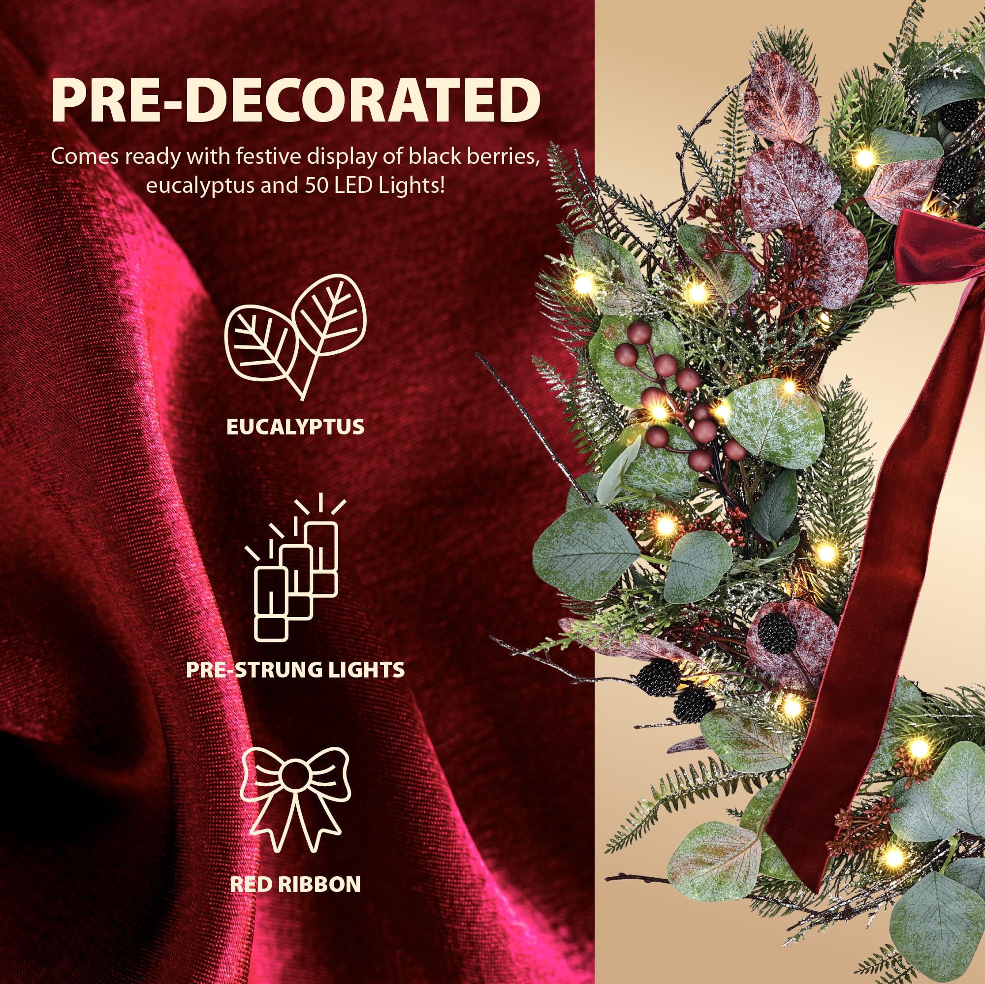 Couronne de Noël artificielle, 61 cm pré-éclairée avec 50 lumières LED, nœud bordeaux, eucalyptus, sprays rouges, baies noires