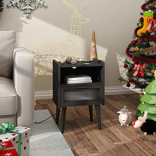 Miniatura 4 de Mesita de noche con estación de carga, juego de 2, mesa auxiliar con espacio de almacenamiento de 2 niveles, para dormitorio, sala de estar, negro