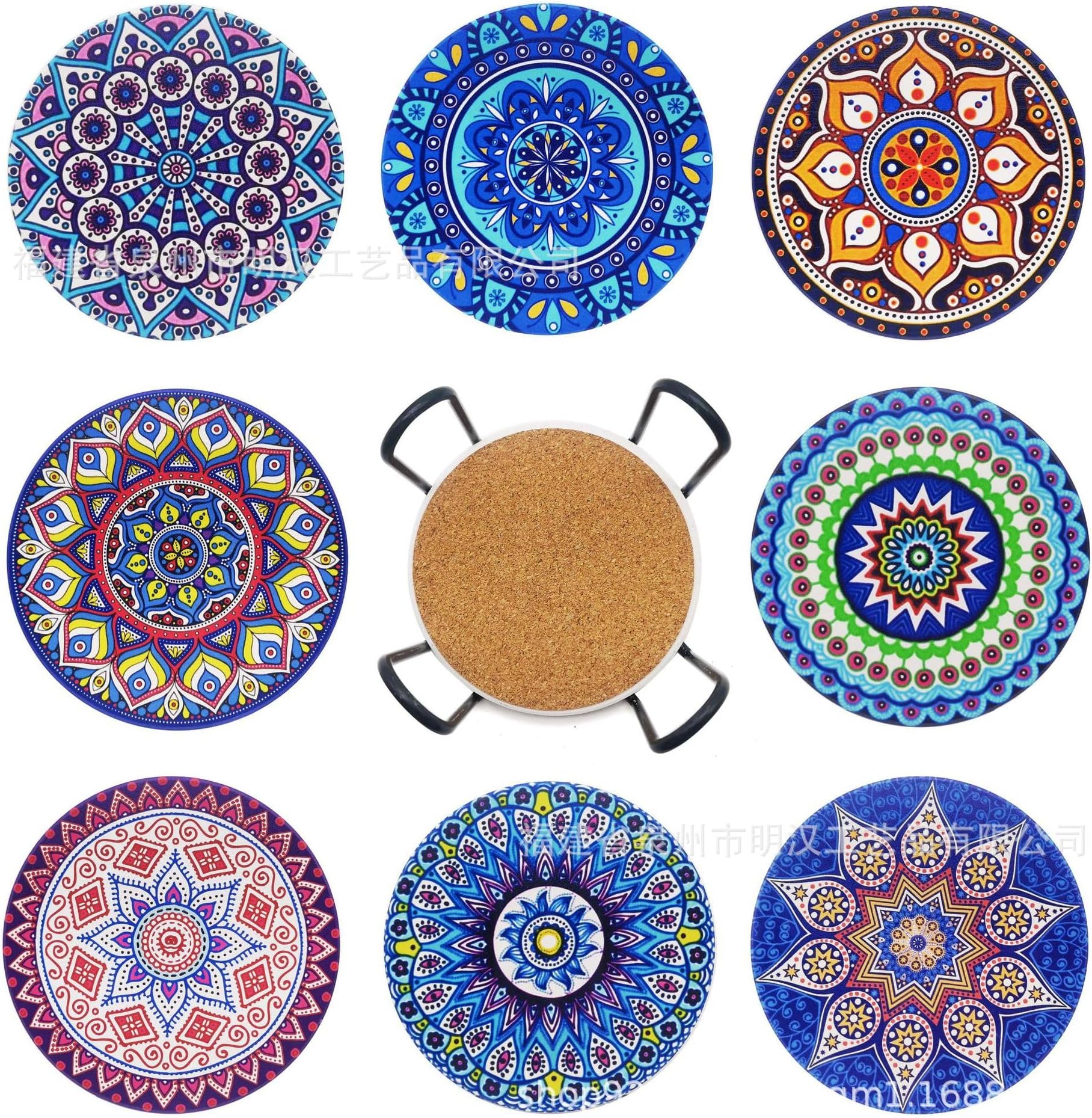 EZYHOME Set of 8 Mandala Flower Ceramic Coaster, Drink Coaster Round Cup Mat Pad Set Mug Coaster with Non-Slip Cork Base and Holder for Cups, Mug, Wine Glass, Home, Kitchen and Bar