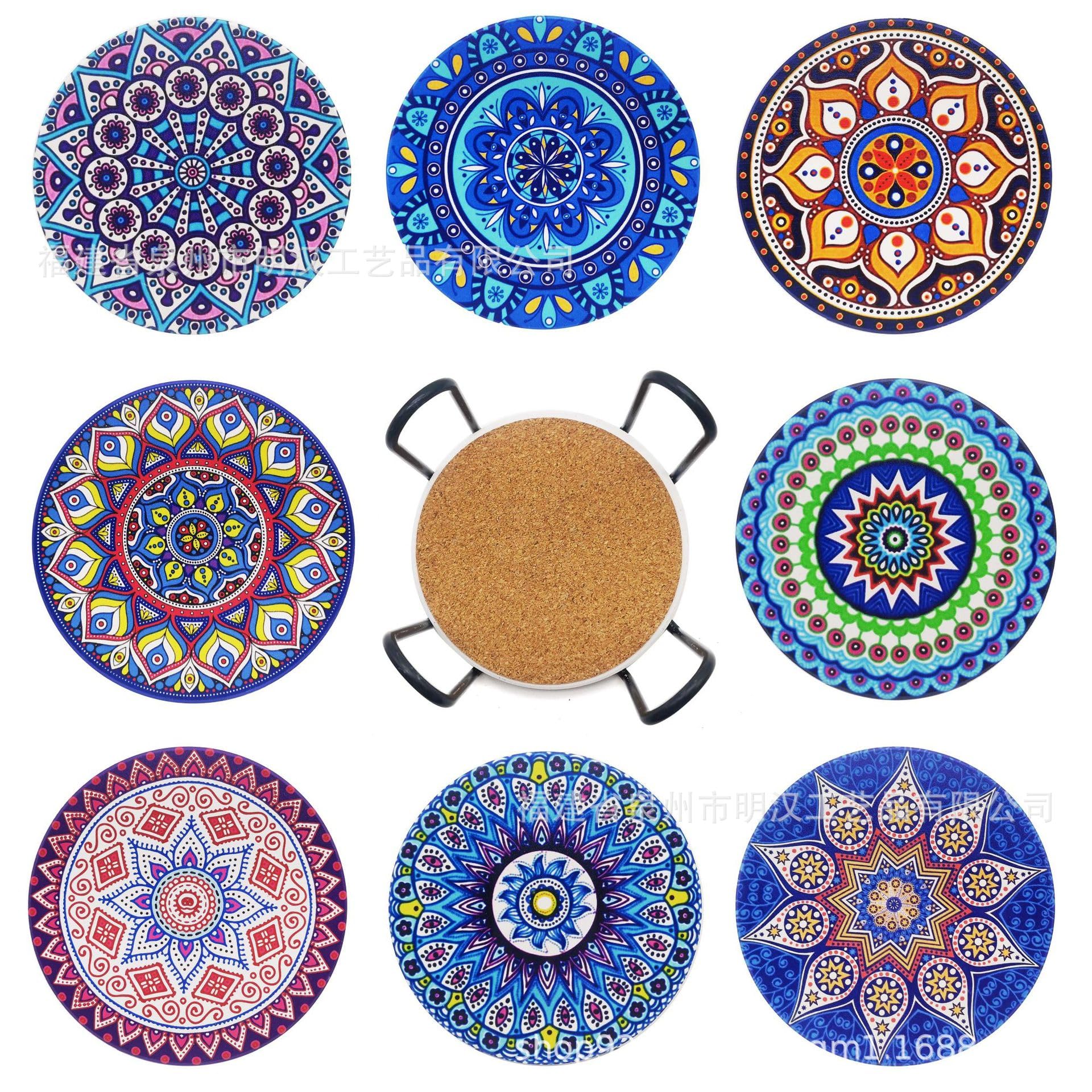 EZYHOME Set of 8 Mandala Flower Ceramic Coaster, Drink Coaster Round Cup Mat Pad Set Mug Coaster with Non-Slip Cork Base and Holder for Cups, Mug, Wine Glass, Home, Kitchen and Bar