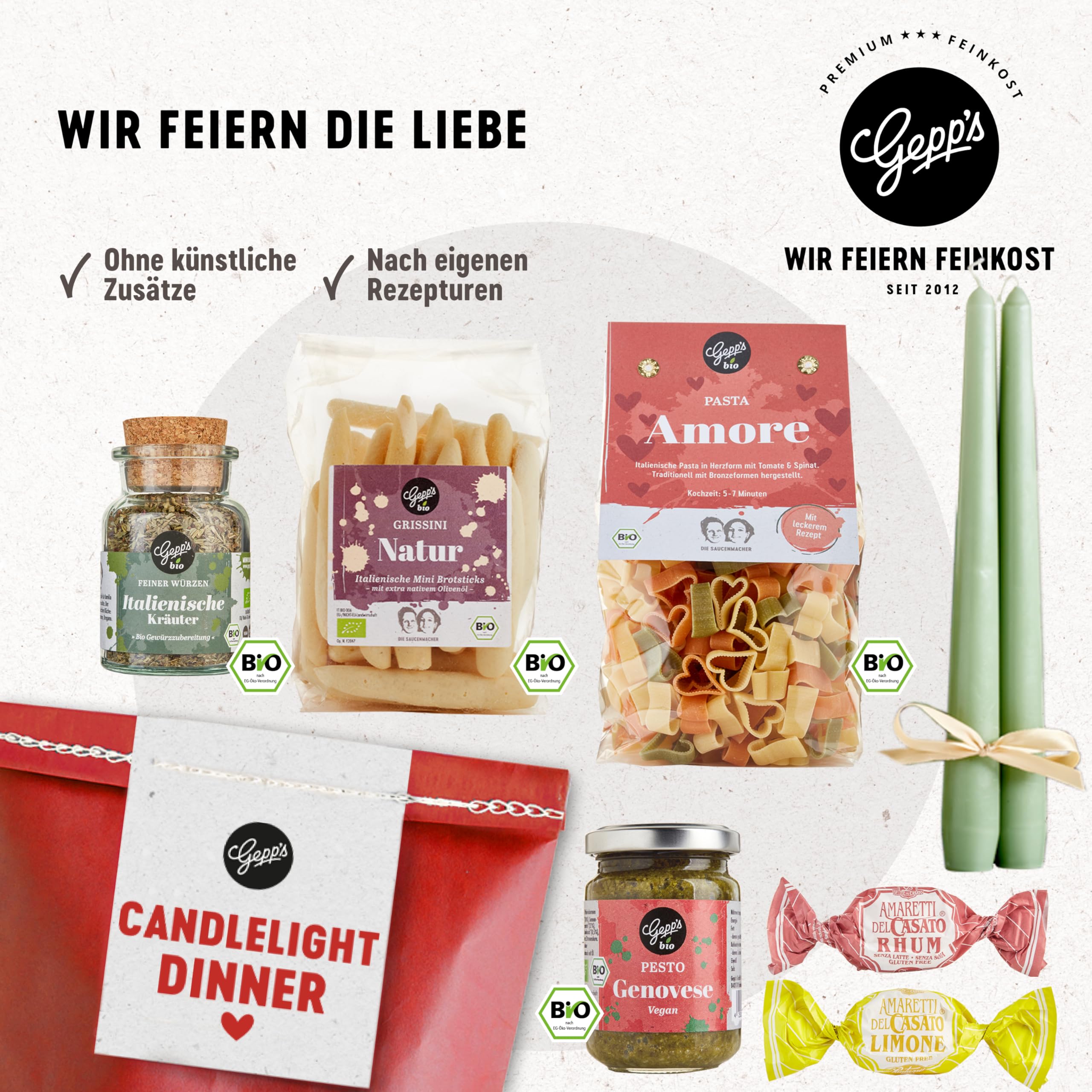 Gepp's Feinkost Candle Light Dinner Wundertüte Geschenkset mit Pasta, Pesto Genovese, Kräutern, Grissini