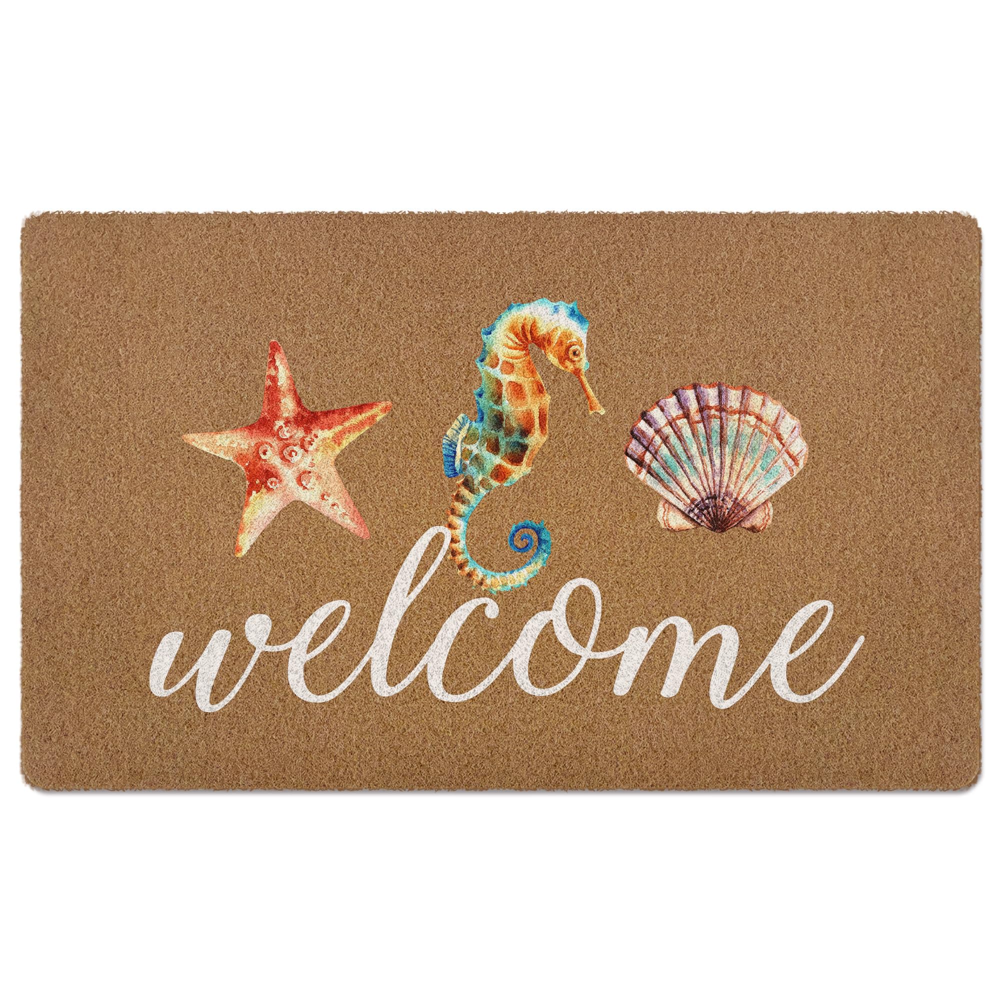 XLDLIOO Beach Seahorse Seashell Starfish Ocean Door Mat, Sea Coastal Welcome Front Door Mat Indoor Outdoor Entrance, Rustic Summer Artificial Coir