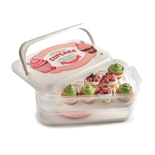 Snips Cupcake-Behälter, 14 Liter, Weiß, fasst 28 Cupcakes oder Muffins, doppelt dekorierter Behälter mit doppeltem Tablett, 28,5 x 19 x 43,5 cm, Made in Italy