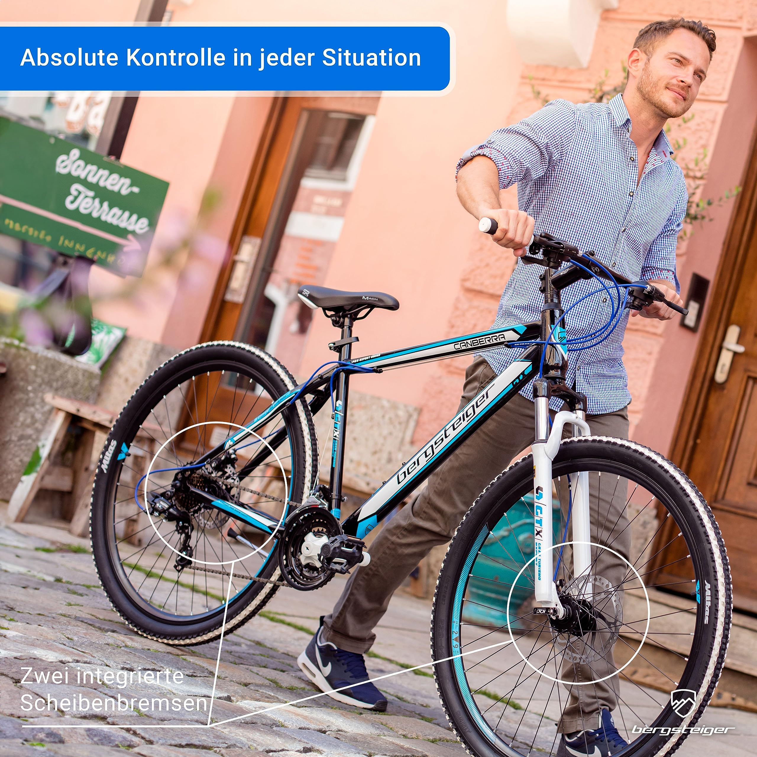 Bergsteiger Canberra 26/29 Zoll Mountainbike Hardtail Aluminium Rahmen | Ideal für Schulweg und Gelände ab 155 cm Größe. Mit 18-Gang-Schaltung, Beleuchtung und zu 90 Prozent vormontiert.