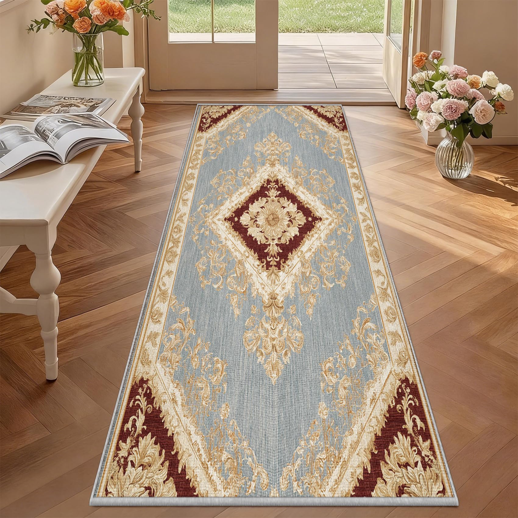 Tapis de couloir antidérapant baroque 80x300cm anti-glisse poil ras