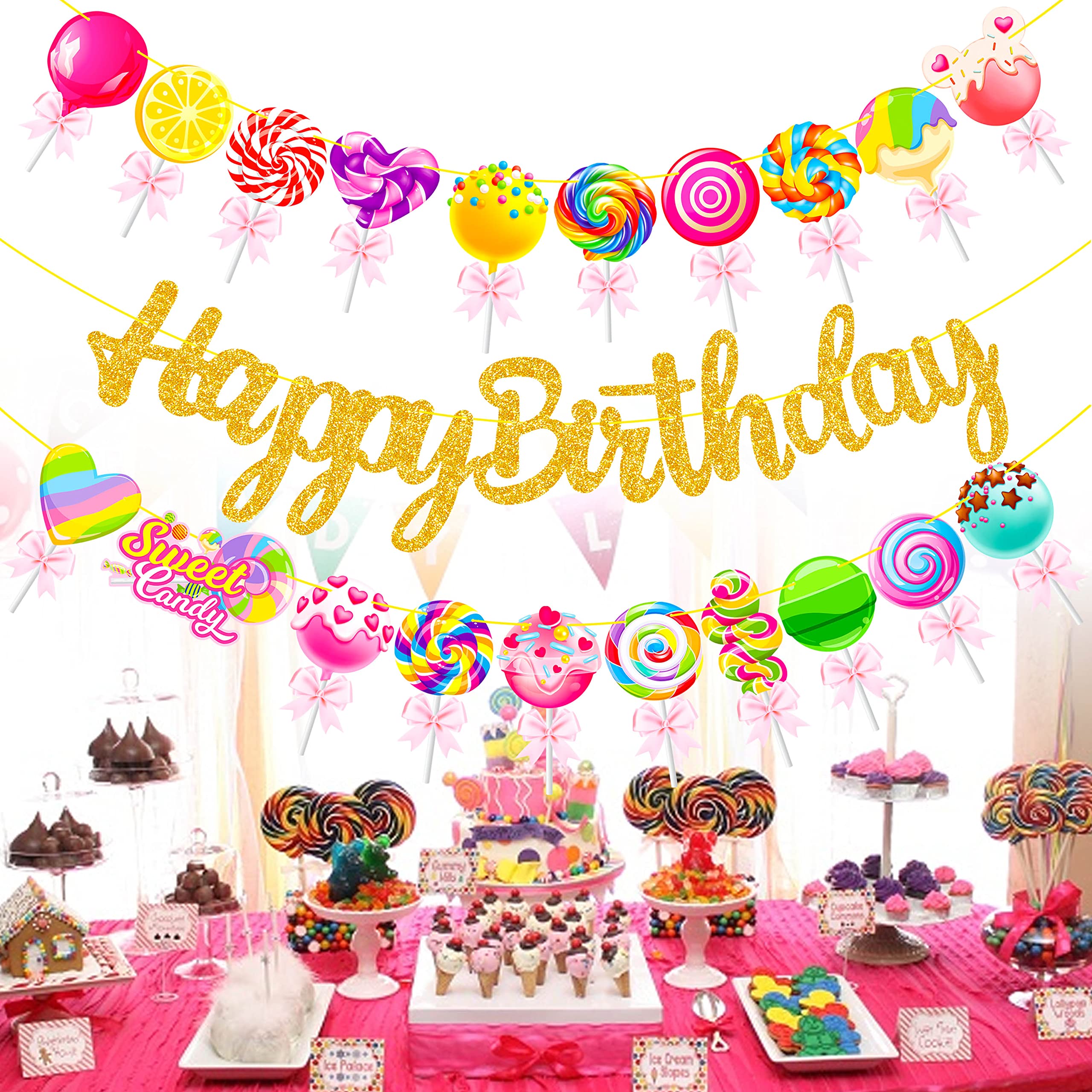Candyland - Carteles de fiesta de feliz cumpleaños, 3 pancartas recortadas para fiesta de caramelos, decoración de fiesta de piruletas para fiesta de Candyland, suministros de baby shower