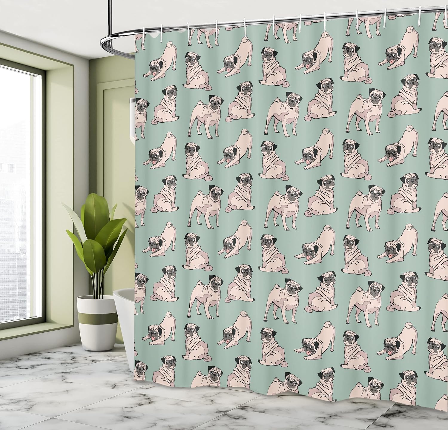 Ambesonne Pug Shower Curtain, Dogs Various States Sitting Standing Stretching Cartoon Style Pet Drawing, Cloth Fabric Bathroom Decor Set with Hooks, 69" W x 84" L, Turquoise