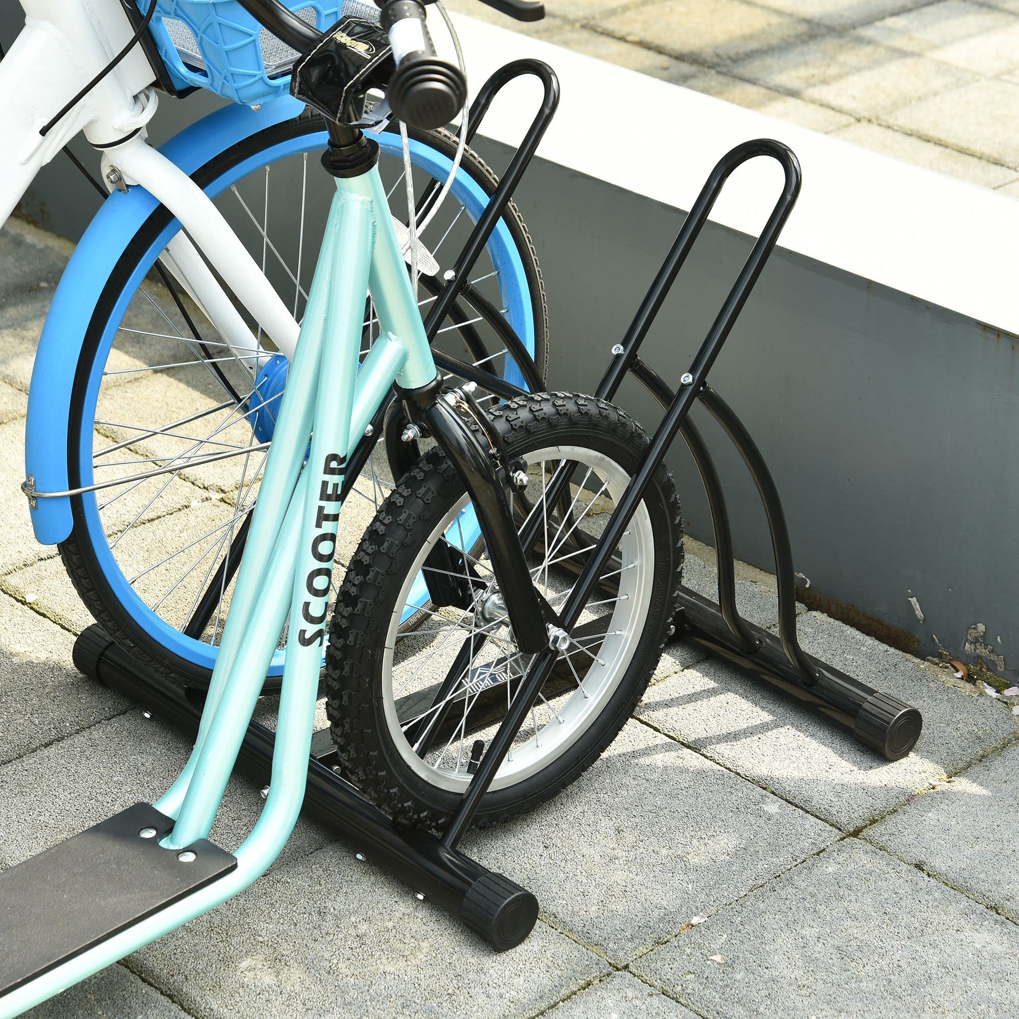HOMCOM Soporte para Aparcar 2 Bicicletas, Aparcamiento Estacionamiento para Bicis, Inferir 65mm de Ancho, Fácil de Montar, Almohadilla Antideslizante, Interior y Exterior, 60x54x57 cm, Negro