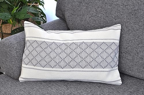 Funda de almohada lumbar tejida de lujo, color gris/blanco roto, 12 x 20 pulgadas, funda de cojín para patio interior y exterior (una sola pieza),