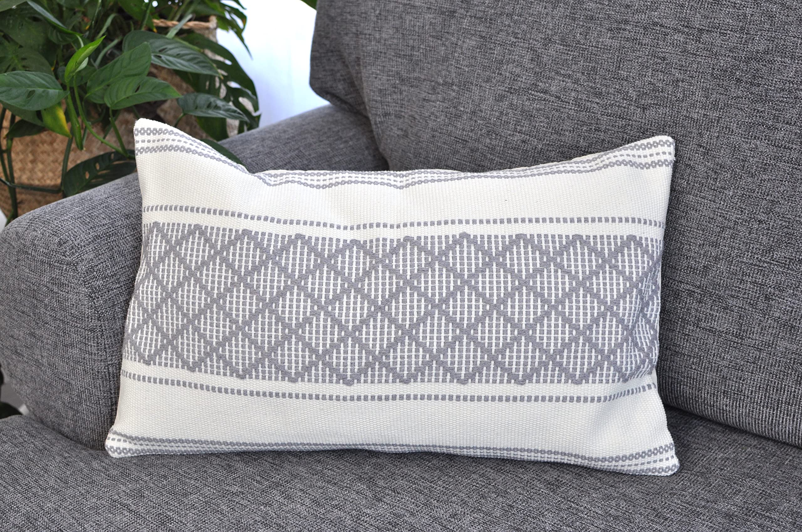 Oveesha Woven Luxury Lumbar Pillow Cover Gray/Off White 12 x 20 inches Outdoor Patio Indoor Cushion Cover (Single Piece) | Oblong/Rectangular Small