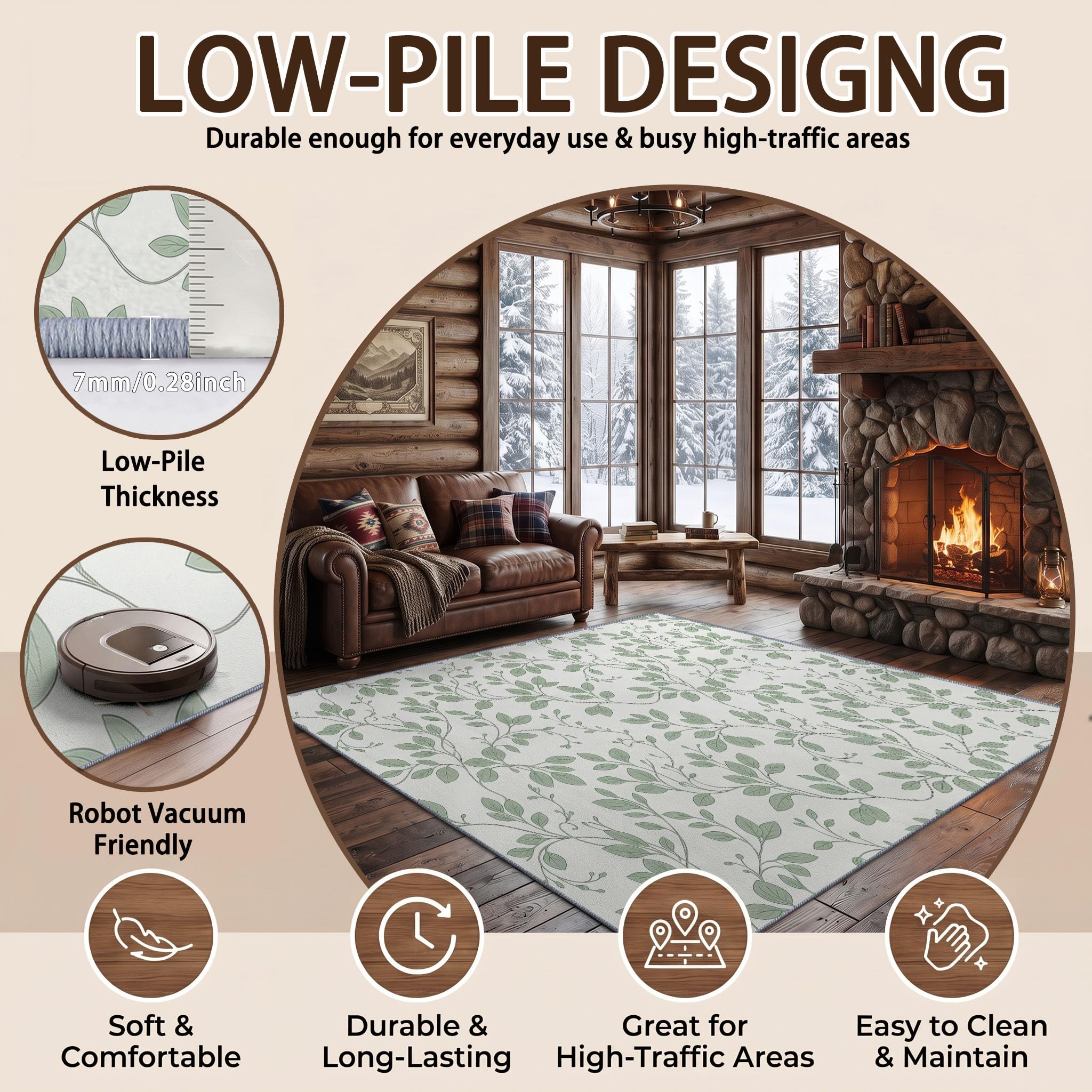 Générique Tapis Lavable Machine Salon 80 x 150 cm, Antidérapant Sol Nordique Simple Poil Bas Doux Plantes Petites Fleurs De Lianes Motif Chambre Cuisine Entrée Salle Détente Décoration Maison, Blanc