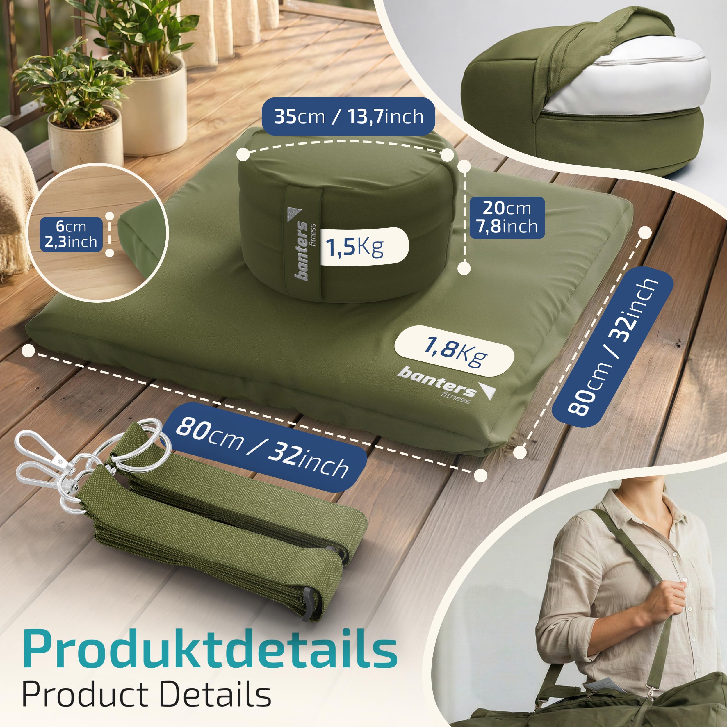 banters Meditationskissen-Set Zafu & Zabuton, Kapok, Bio-Baumwolle, Soft | 3-teilig, Zafu Ø 35 cm/20 cm Höhe, Zabuton 80x80x6 cm, Kapok-Füllung, waschbare Bezüge, Tragegurt 80 cm, Achtsamkeitstagebuch
