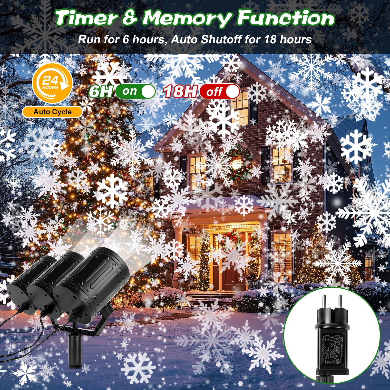 Charmofun Proiettore Natale Esterno, tre teste dinamica LED fiocchi di neve proiettore con Timer, Impermeabile Illuminazione natalizia Decorazioni esterna per giardino finestra parete (Snow)