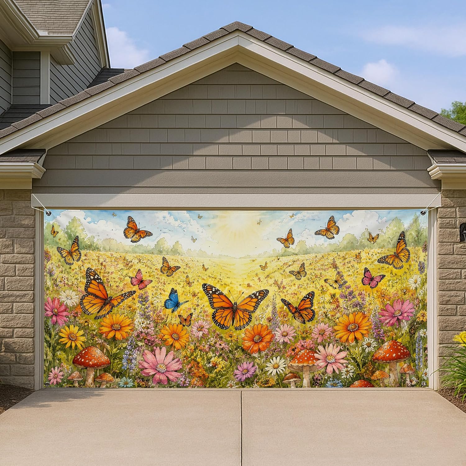 Butterfly Garden Garage Door Cover, Colorful Floral Outdoor Decorations, Spring Summer Home Decor, Vibrant Nature Scene for Seasonal Celebrations 157x71 Inch