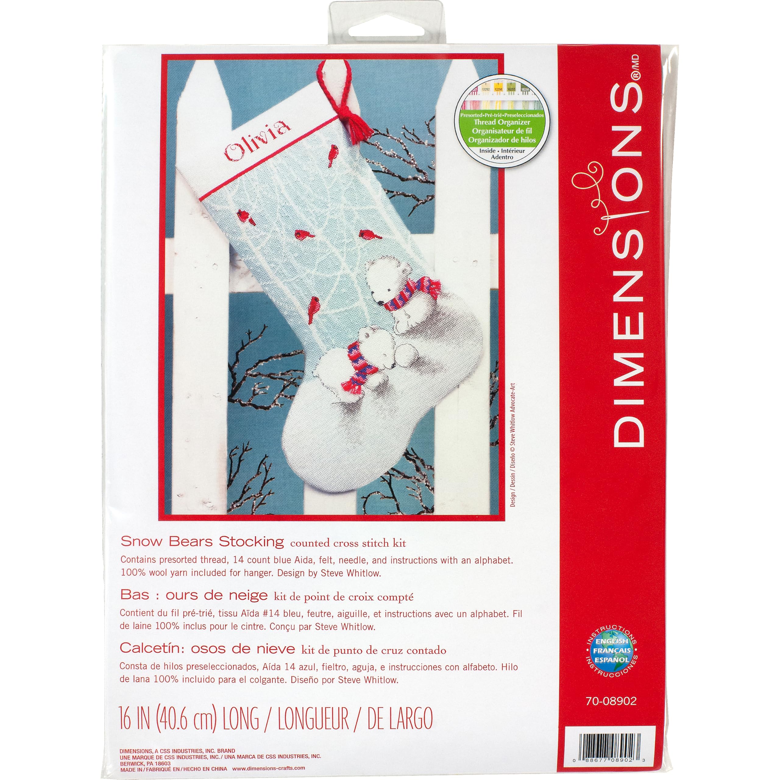 Dimensions Counted Cross Stitch 'Snow Bears' Personalized Christmas Stocking Kit, 14 Count Blue Aida Cloth, 16''