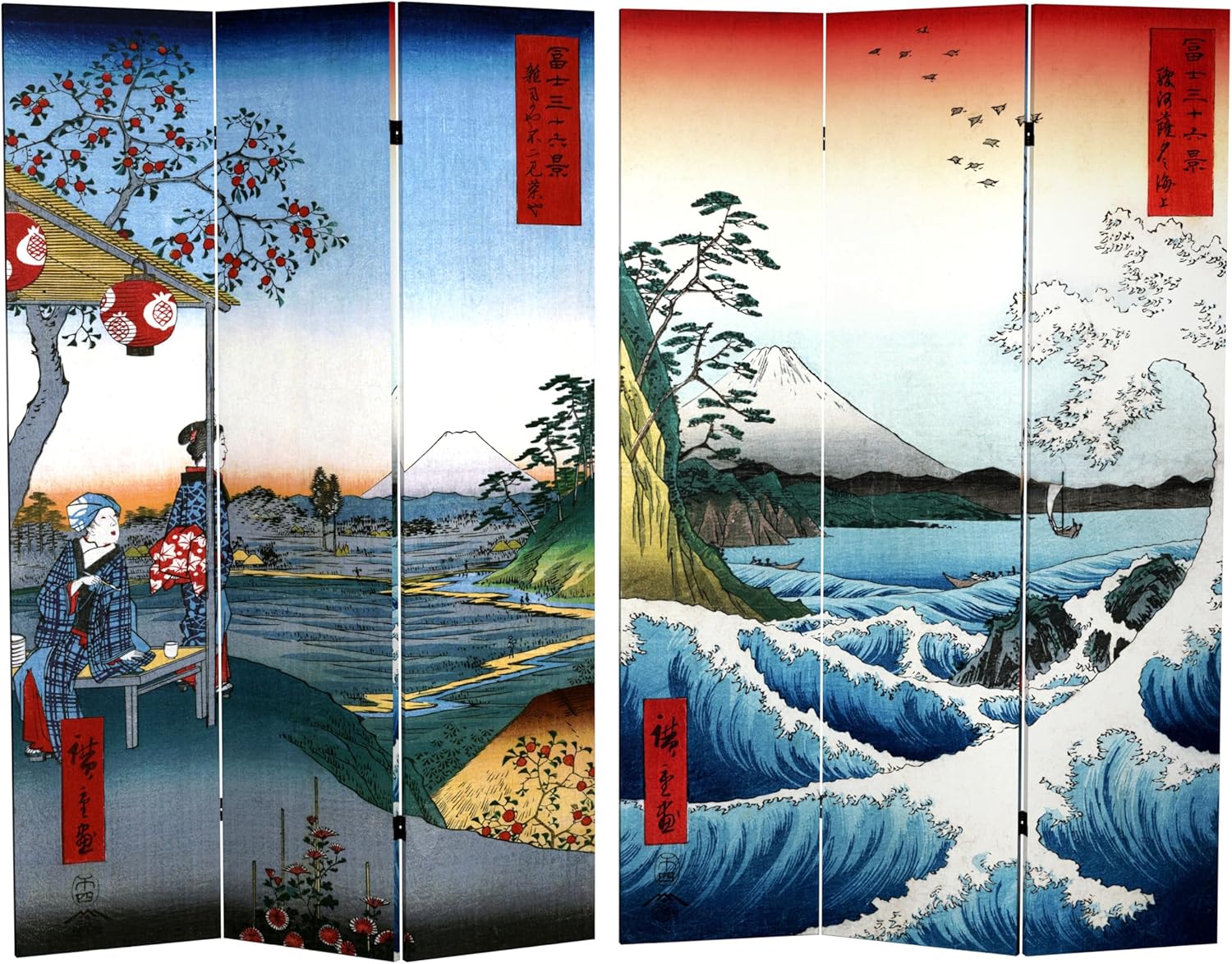 Red Lantern 6 ft. Tall Double Sided Hiroshige Room Divider - Sea at Satta/Teahouse 3 Panel Freestanding Folding Privacy Screen Partition and Separator for Modern Contemporary Bedroom Home Office Dorm