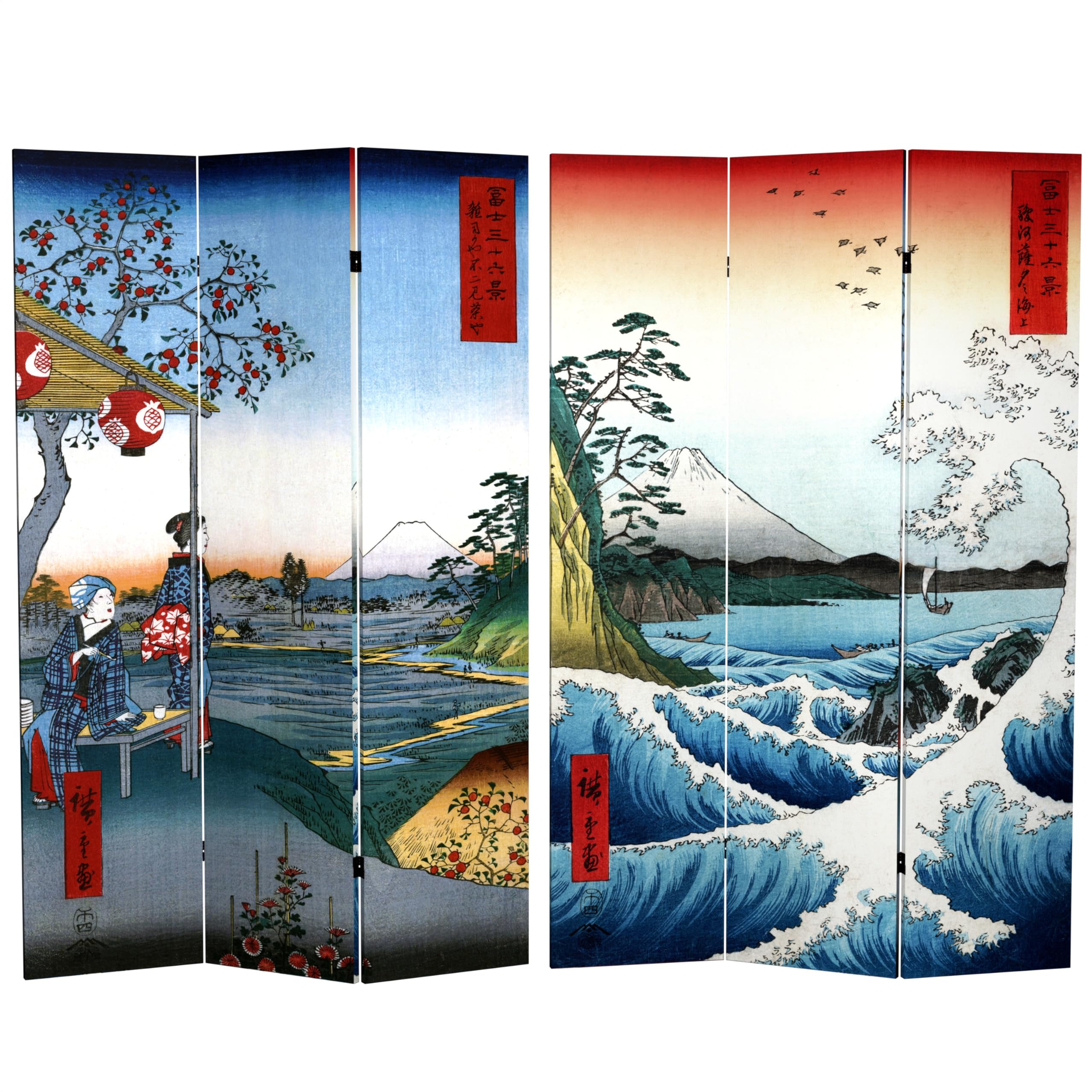 Oriental Furniture 6 ft. Tall Double Sided Hiroshige Room Divider - Sea at Satta/Teahouse
