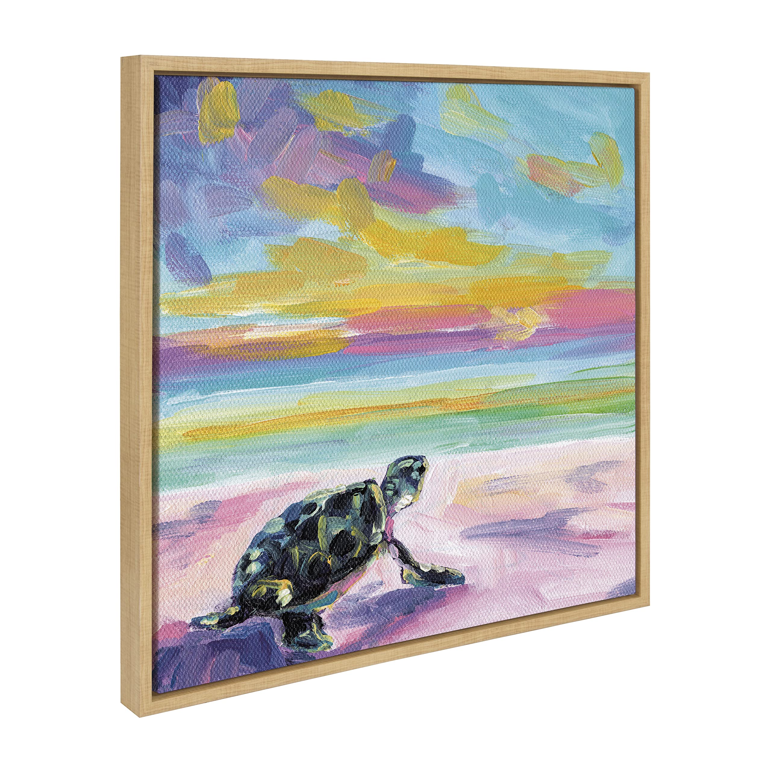 Kate and Laurel Sylvie Sunset Sea Turtle Framed Canvas Wall Art by Rachel Christopoulos, 22x22 Natural, Beautiful Animal Abstract Wall Décor