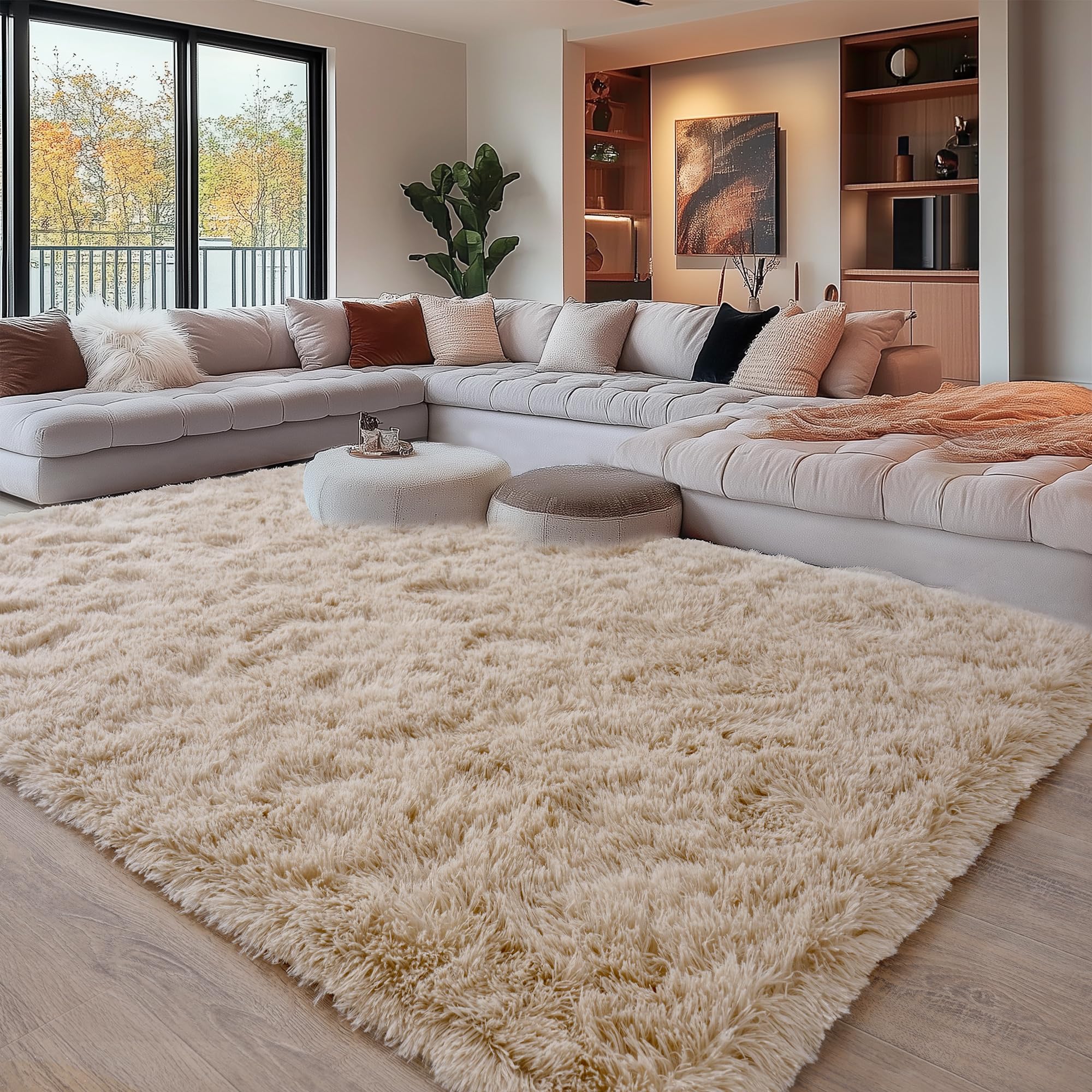 OHDS Beige Fluffy Rug for Bedroom 8x10 ft Large - Ultra Soft & Non Slip Shaggy Area Rug, Comfy Durable Carpet for Living Room Kids Room Teens Dorm