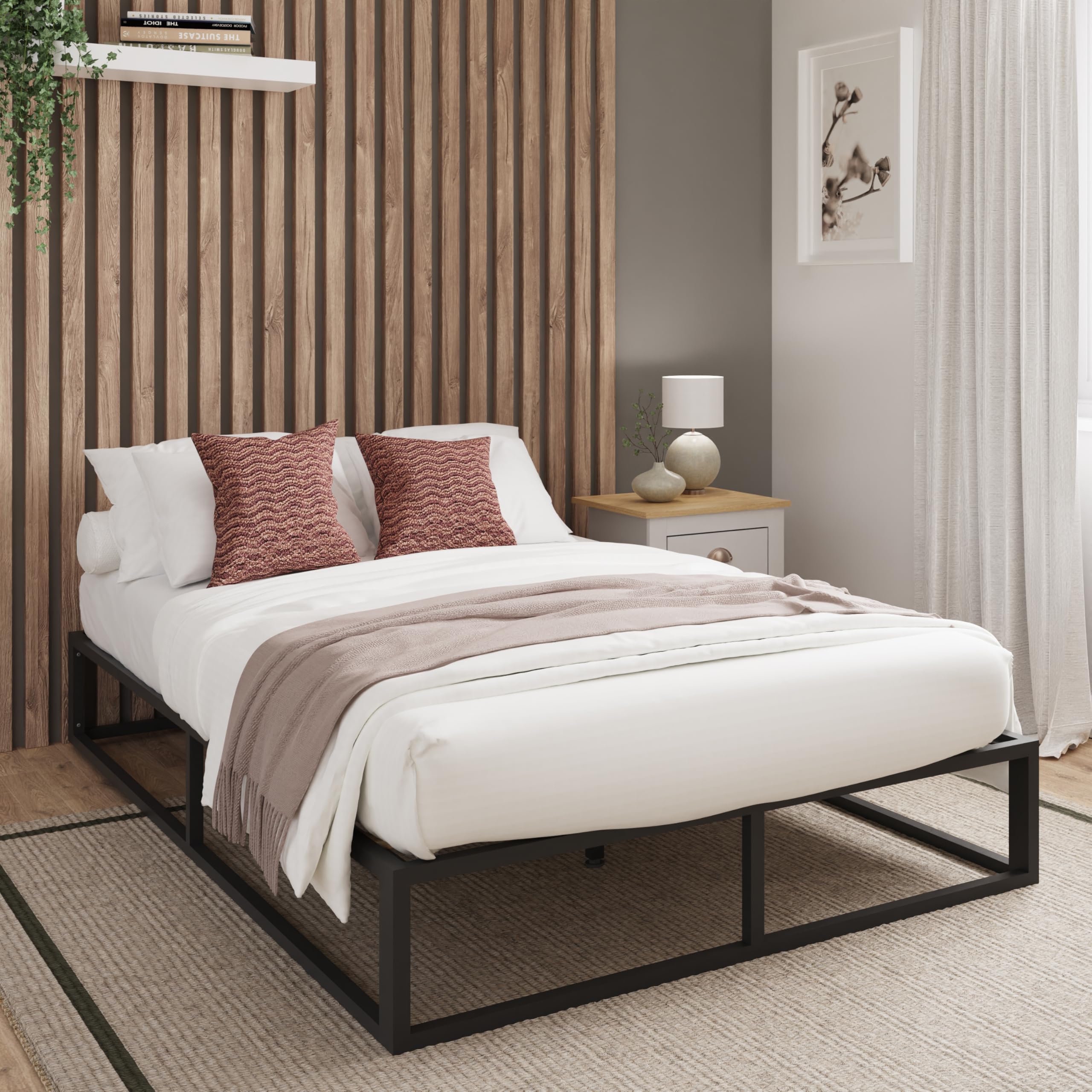 GFW Urban Metal Platform Small Double Bed Frame, Under Mattress Support Board With Thick Wooden Slats And Underbed Storage Black
