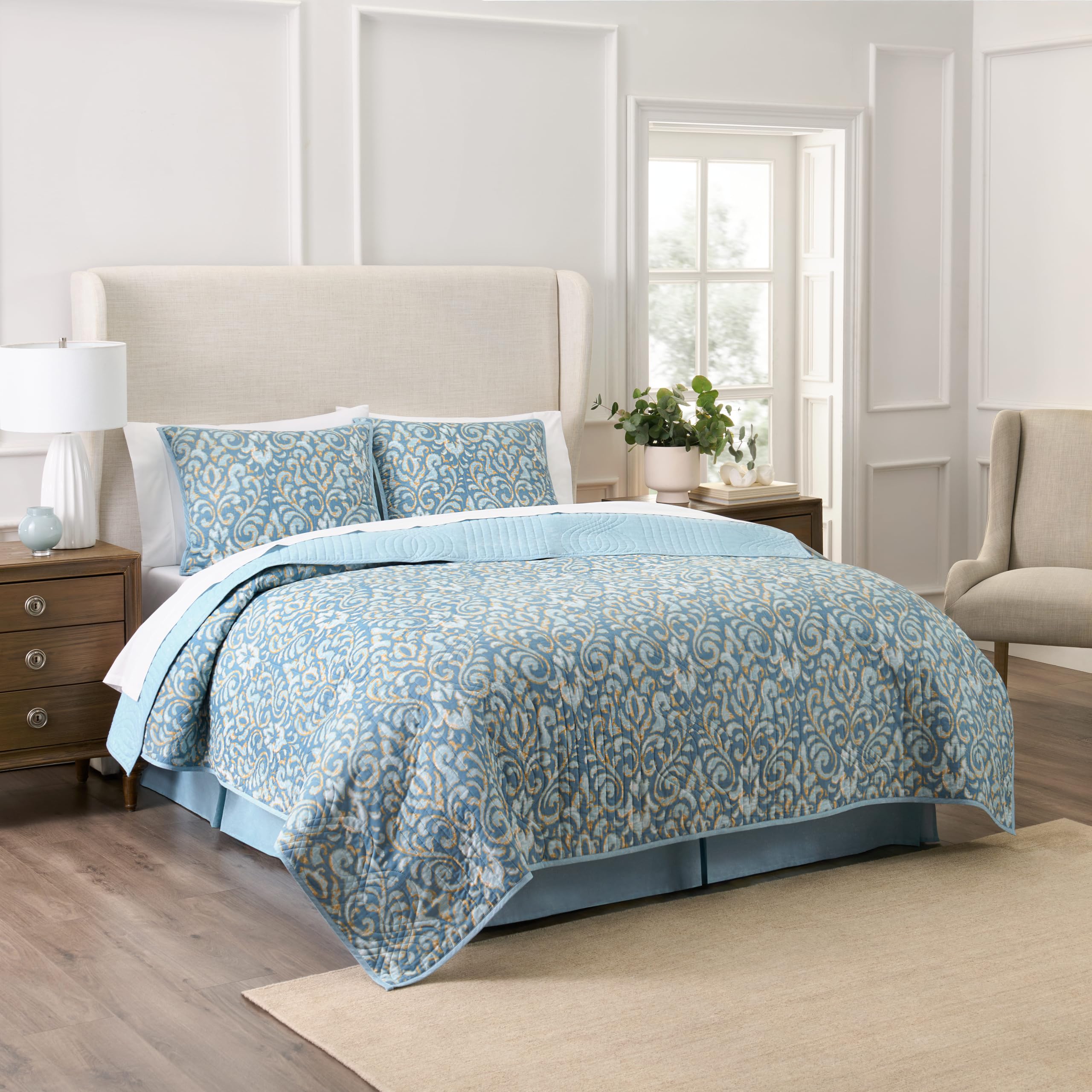 Waverly Kensington 4-Piece Quilt Set – Full/Queen - 100% Cotton Bedding in Aquamarine with Bed Skirt &amp; Shams