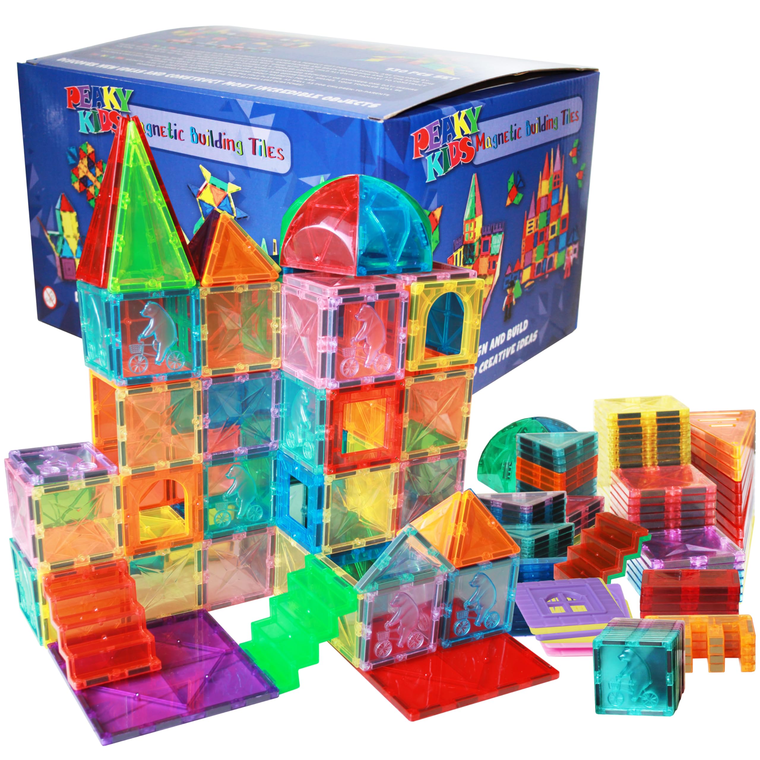 130 Pcs Magnetic Tiles for Kids, Stem Approved Educational Magnetic Blocks, 3d Montessori Toys for Boys Girls, Constructing Structures Eid Gift Building Sets for Brain Activity & Creativity