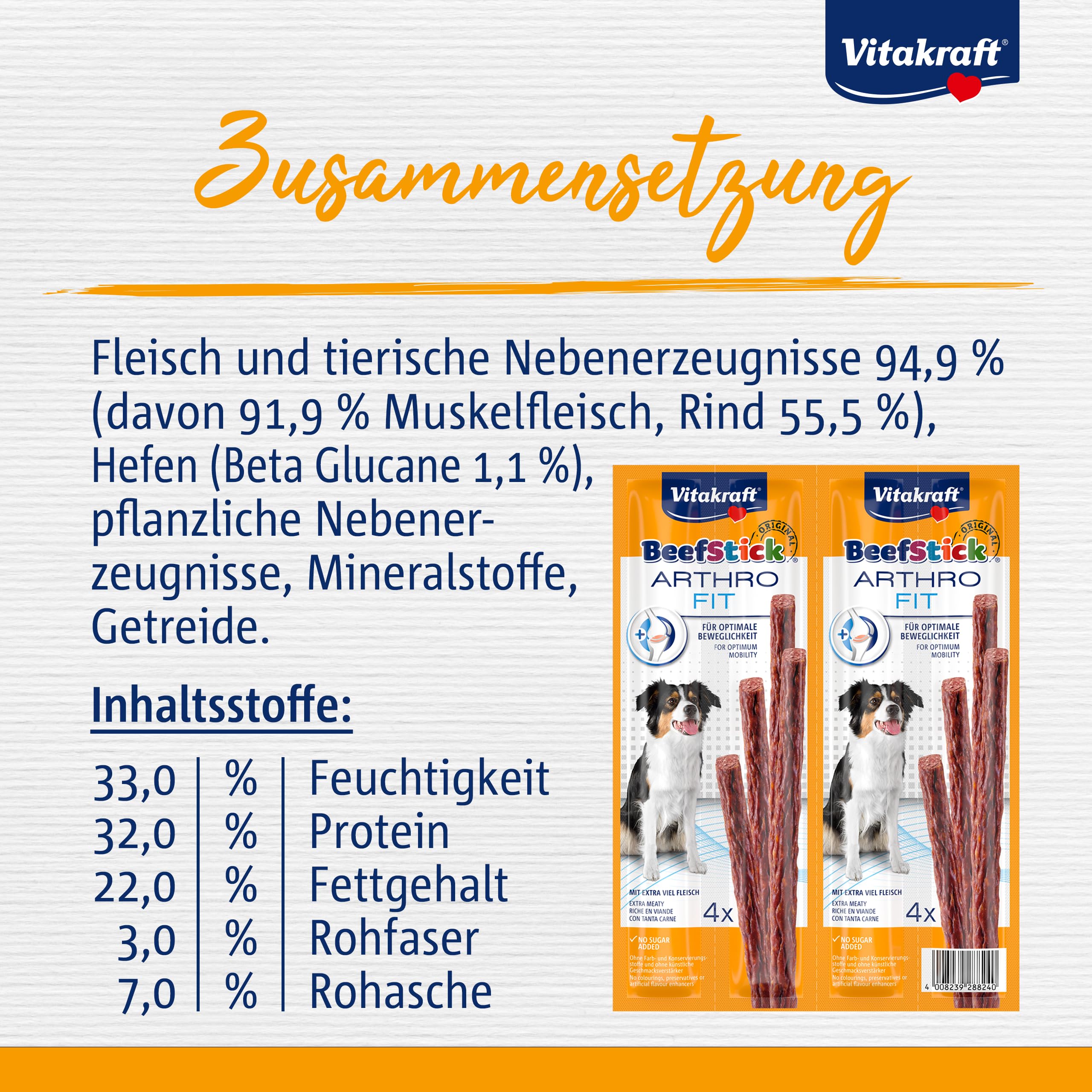 Vitakraft - Beef Stick Arthro Fit - Friandise Chien spécial articulations au Bœuf et Beta-Glucane - Alimentation pour Chien - Riche en Viande - Lot de 10 Sachet Fraîcheur de 4 Sticks de 12 g