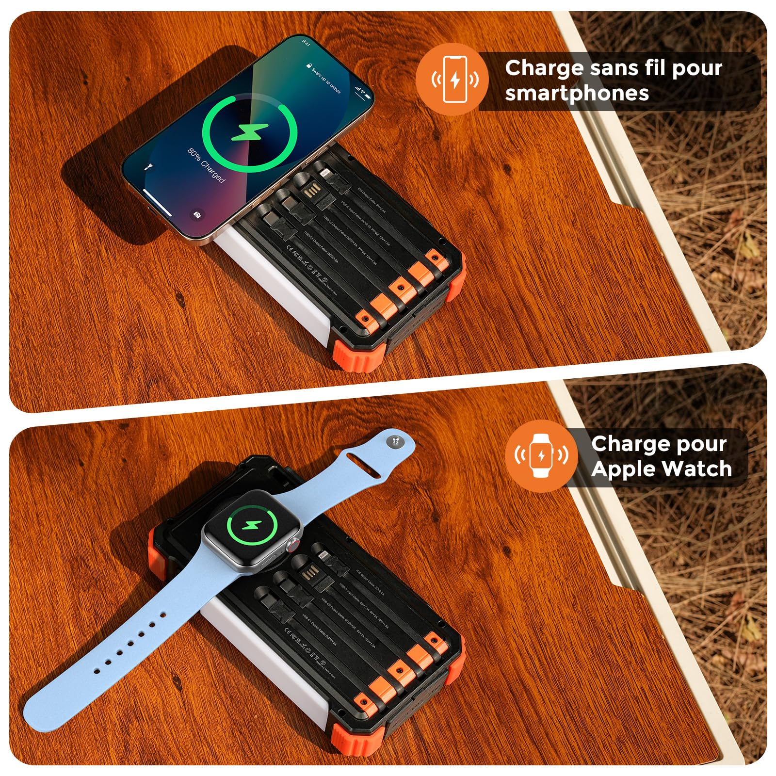 BLAVOR Chargeur Solaire avec Câbles Intégrés 20000mAh Batterie Externe Solaire 20W USB C Battery Pack avec Lampe Camping, Lampe Poche pour Téléphones Portables, Charge sans Fil pour Apple Watch