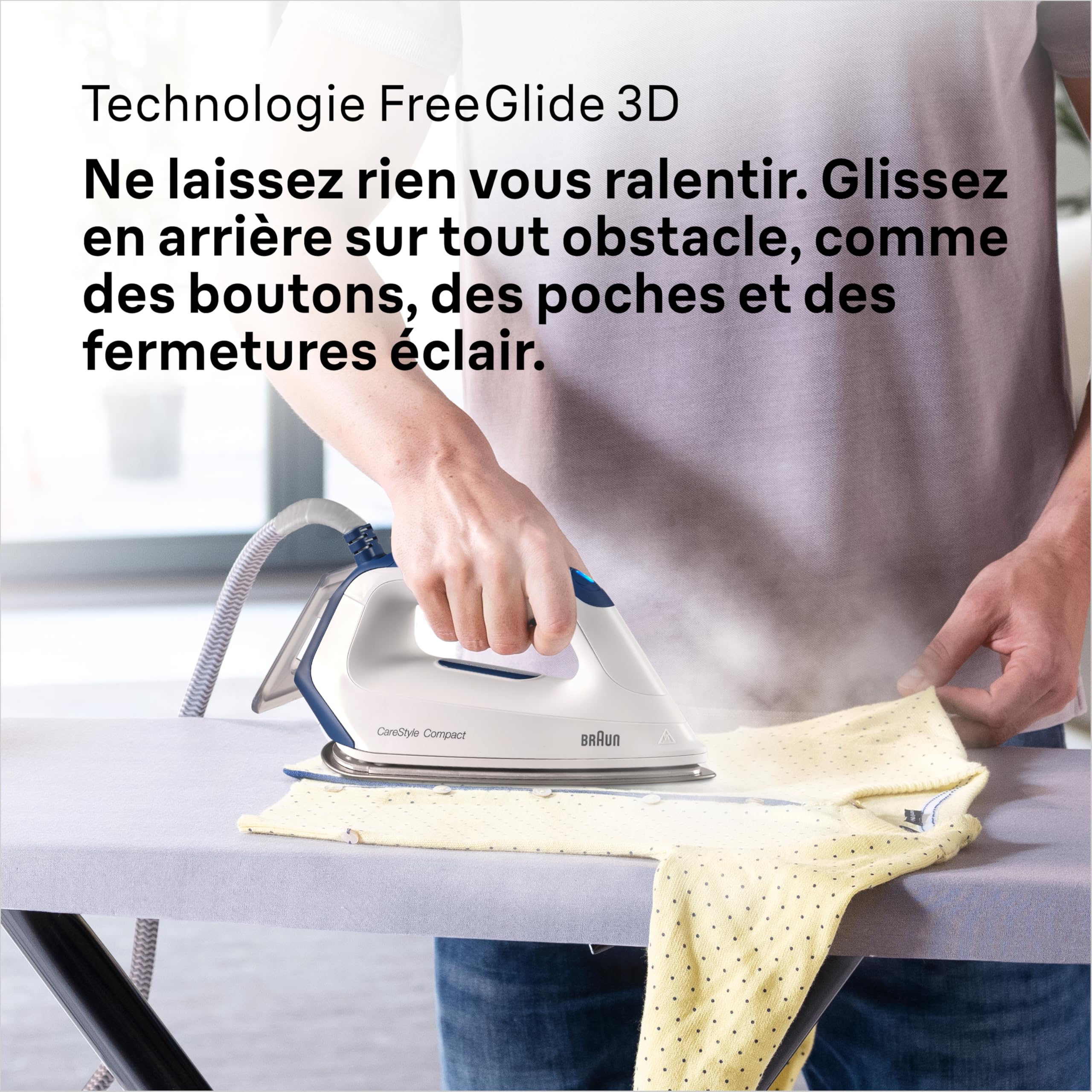 Braun CareStyle Compact - Centrale Vapeur Compacte avec Chaudière, Fer à Repasser Vapeur Puissant, Semelle EloxalPlus FreeGlide 3D, Débit Vapeur Jusqu’à 420g/min, Réservoir 1,5L, Blanc/Bleu (IS2143BL)