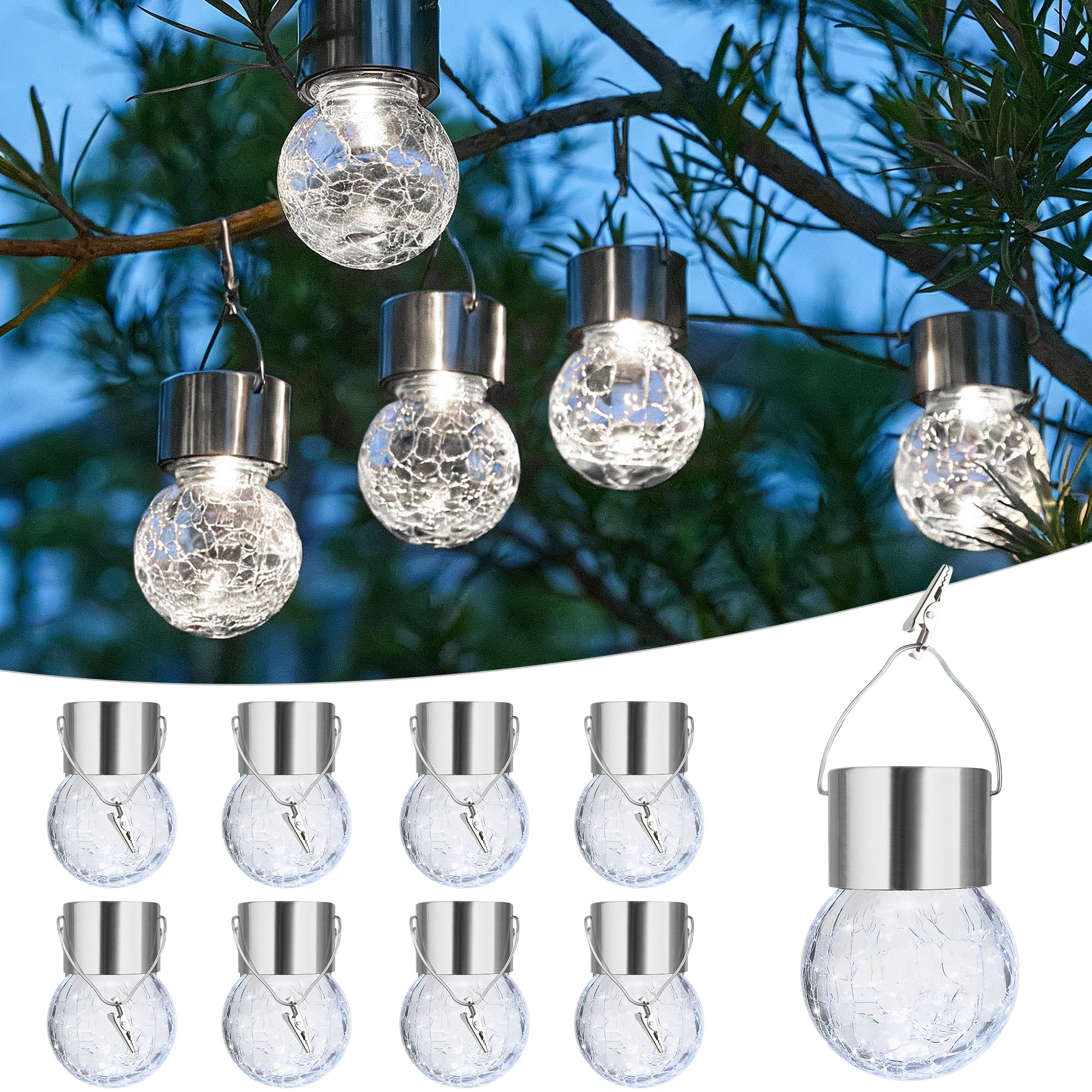Lot de 8 lampes solaires à suspendre, globes en verre craquelé pour extérieur, lanternes de jardin, arbres, décorations d'extérieur pour balcon, jardin, cour, cadeaux pour femmes, maman, grand-mère