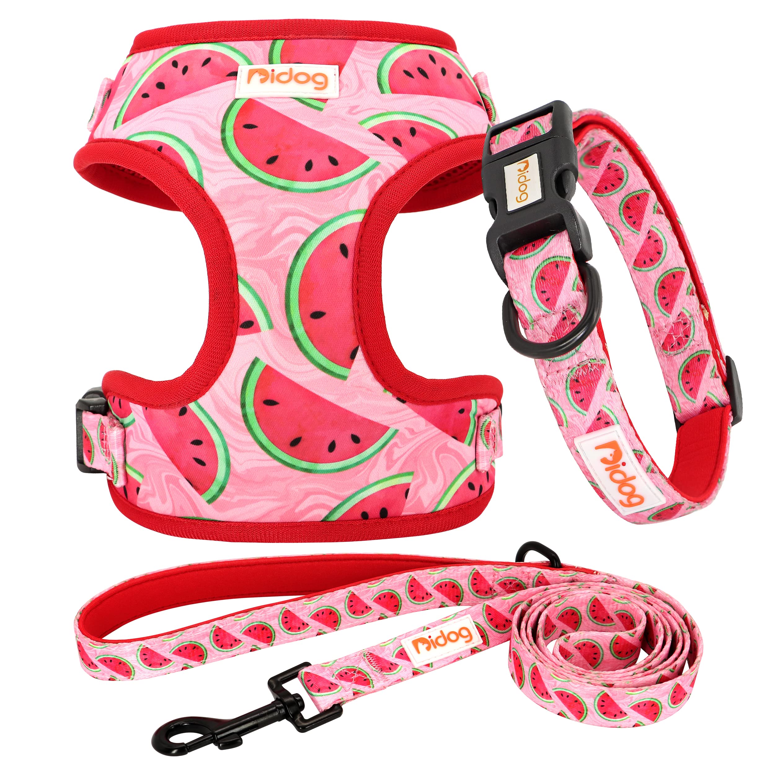 Didog No Pull Dog Harness Collar and Leash Set, Cute Pattern Puppy Dog Harness with Adjustable Collars and Leash, Soft Padded Air Mesh Vest for Small Dogs Walking Training(Watermelon, S)