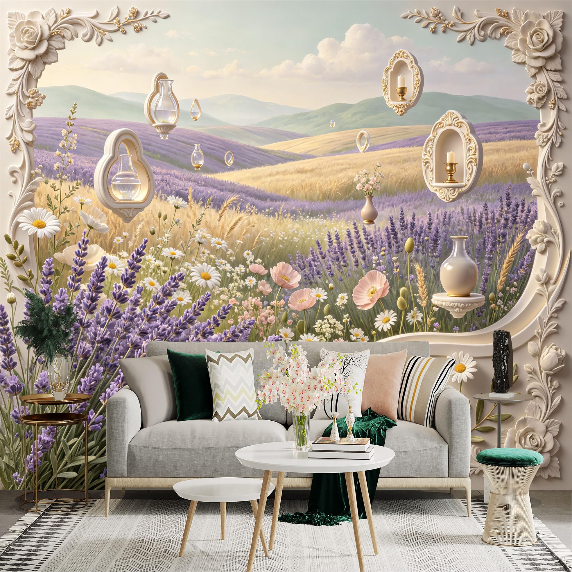 Lnzczhyre Bh260719318 Custom Size Wall Sticker Mural， Provence Lavender Fields， Blooming Wildflowers， Elegant Arch Frames， Romantic Countryside Scenery， For Wall Decoration， Peelandstick Wall Decals.