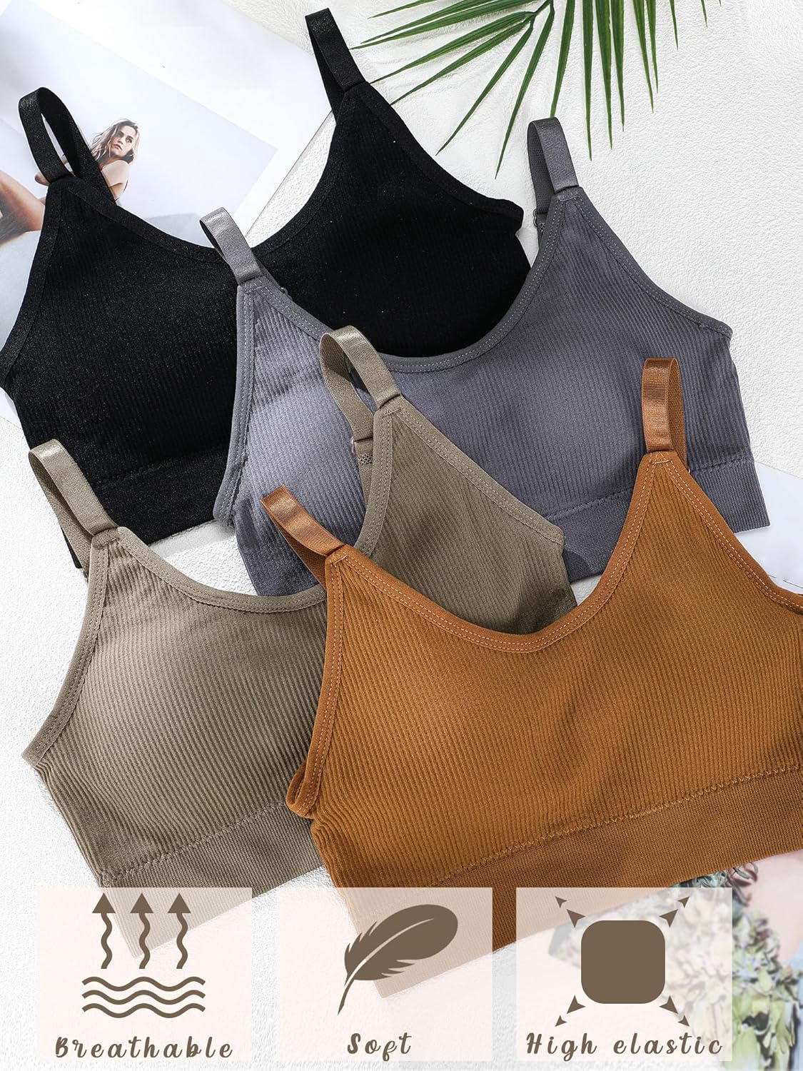 SATINIOR 4 Pack Women's Sports Bra, Padded Ribbed Cami Bra Seamless Bralette Wireless No Underwire Workout Tank Top - Image 6