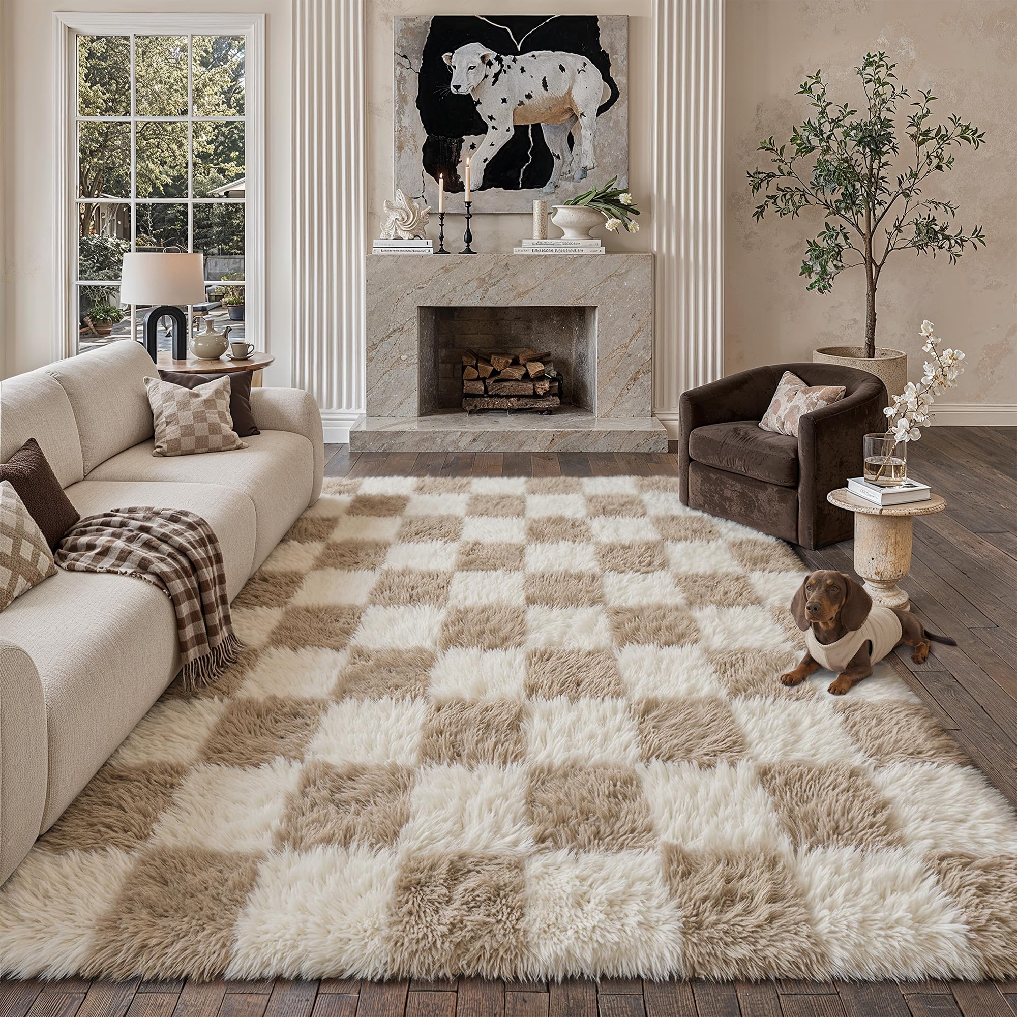 Photo 1 of PureCozy Beige 8x10 Area Rug for Living Room Soft Checkered Shag Carpet