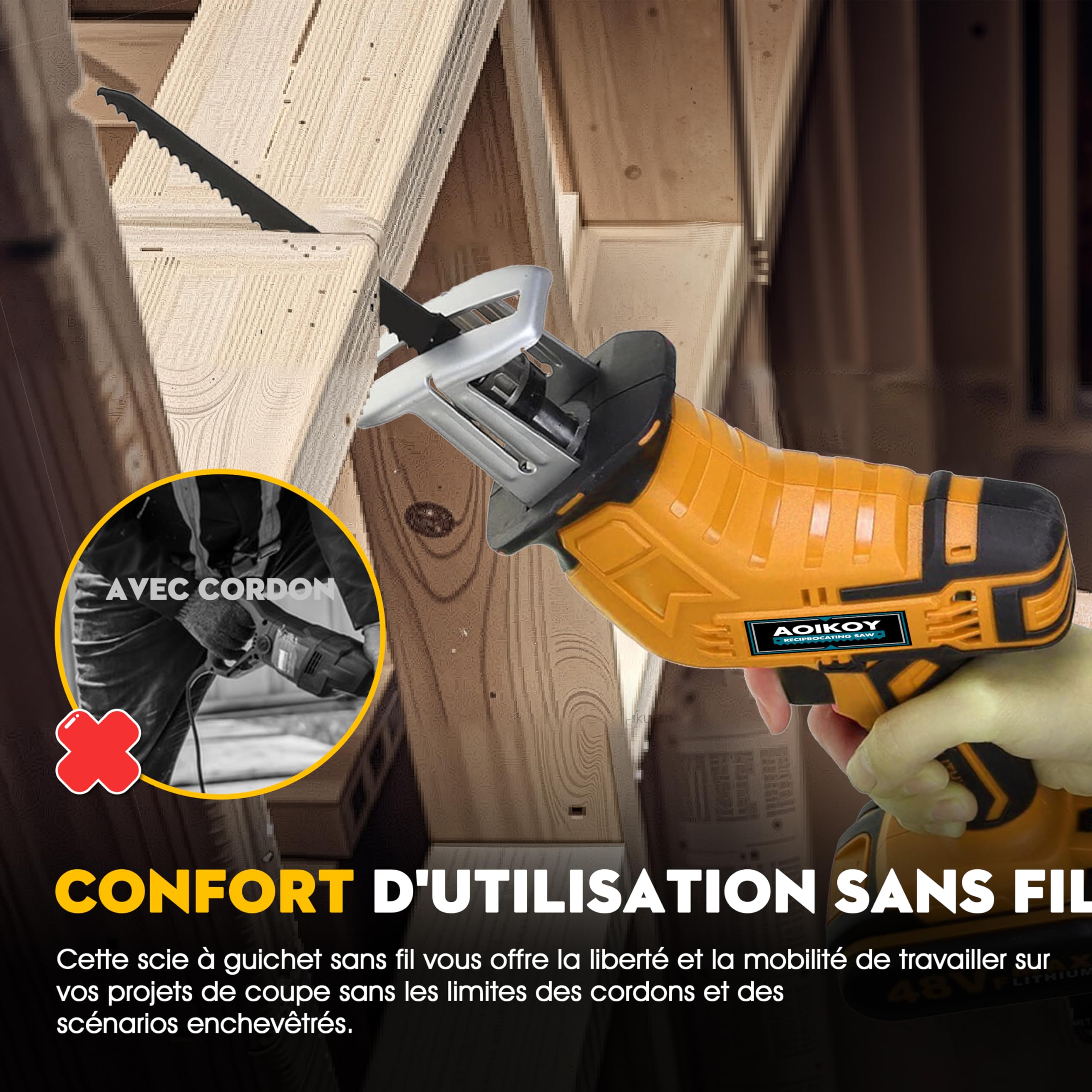 Scie Sabre Sans Fil pour Dewalt Batterie 21V, Scie Électrique Sans Fil avec 4 Lames et Boîte à Outils, Vitesse Variable 0-2500RPM pour le Bois/Métal/PVC (Batterie Non Incluse)
