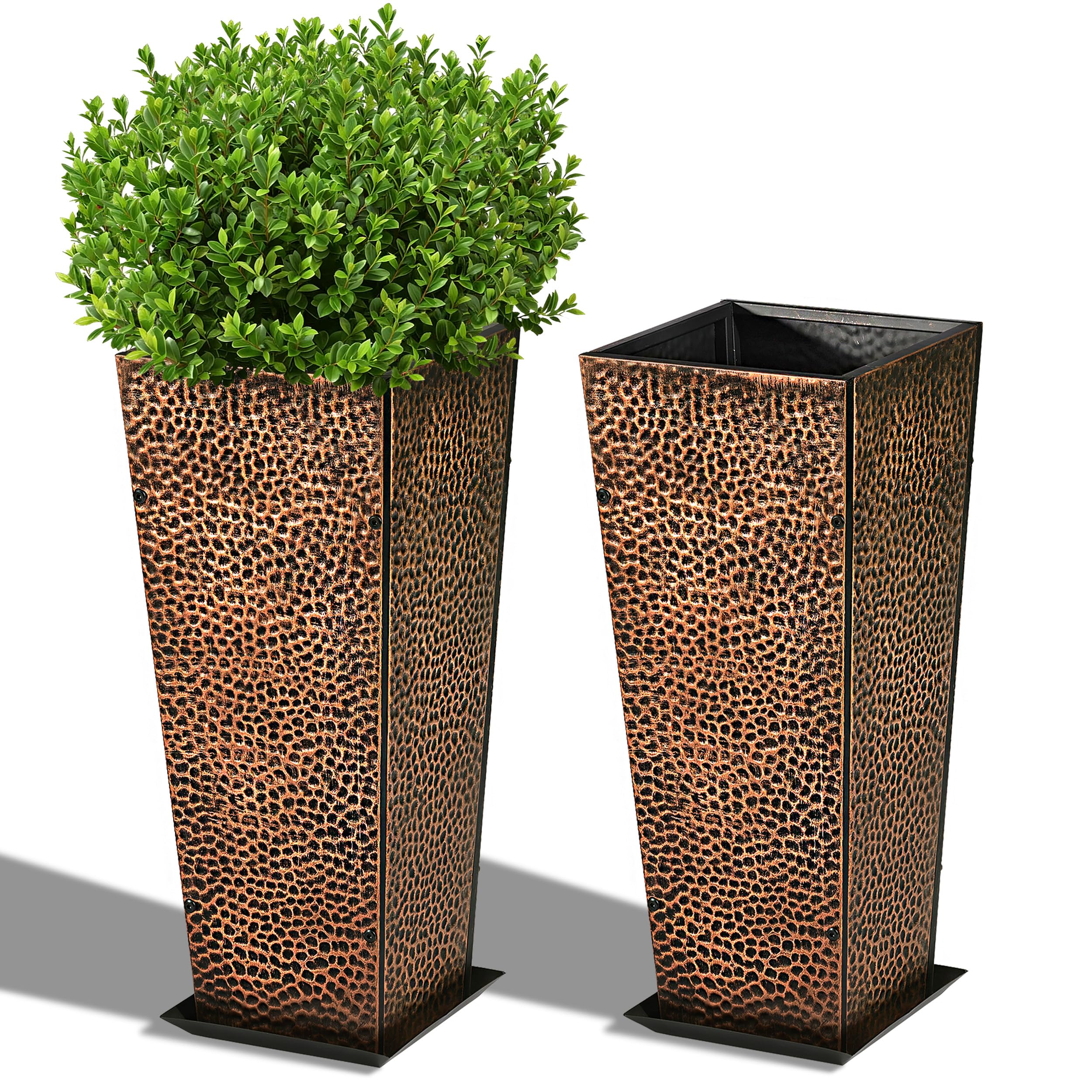 BAYN 2-Pack 24 inch Hand-Hammered Tall Bronze Metal Planter