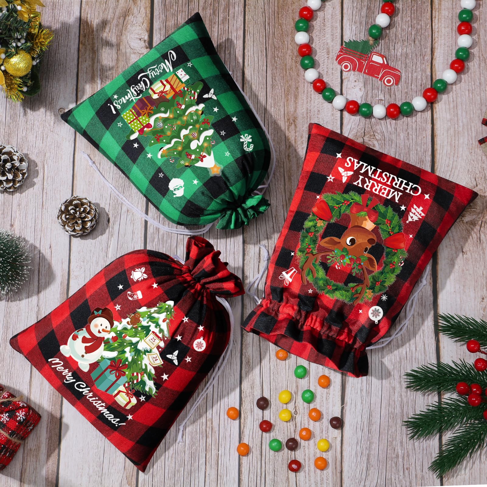 Jutebeutel mit Kordelzug, 20,3 x 25,4 cm, Büffelkariert, Weihnachts-Geschenktüten mit Etikett, Weihnachts-Süßigkeitentüten, mittelgroße Weihnachts-Leinen-Tüten, Geschenktüten, wiederverwendbare