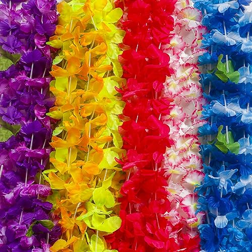 Miniatura 4 de Leis hawaiano 100 piezas, decoraciones de fiesta de cumpleaños Luau, collar hawaiano de flores de seda para decoración de fiesta de cumpleaños y