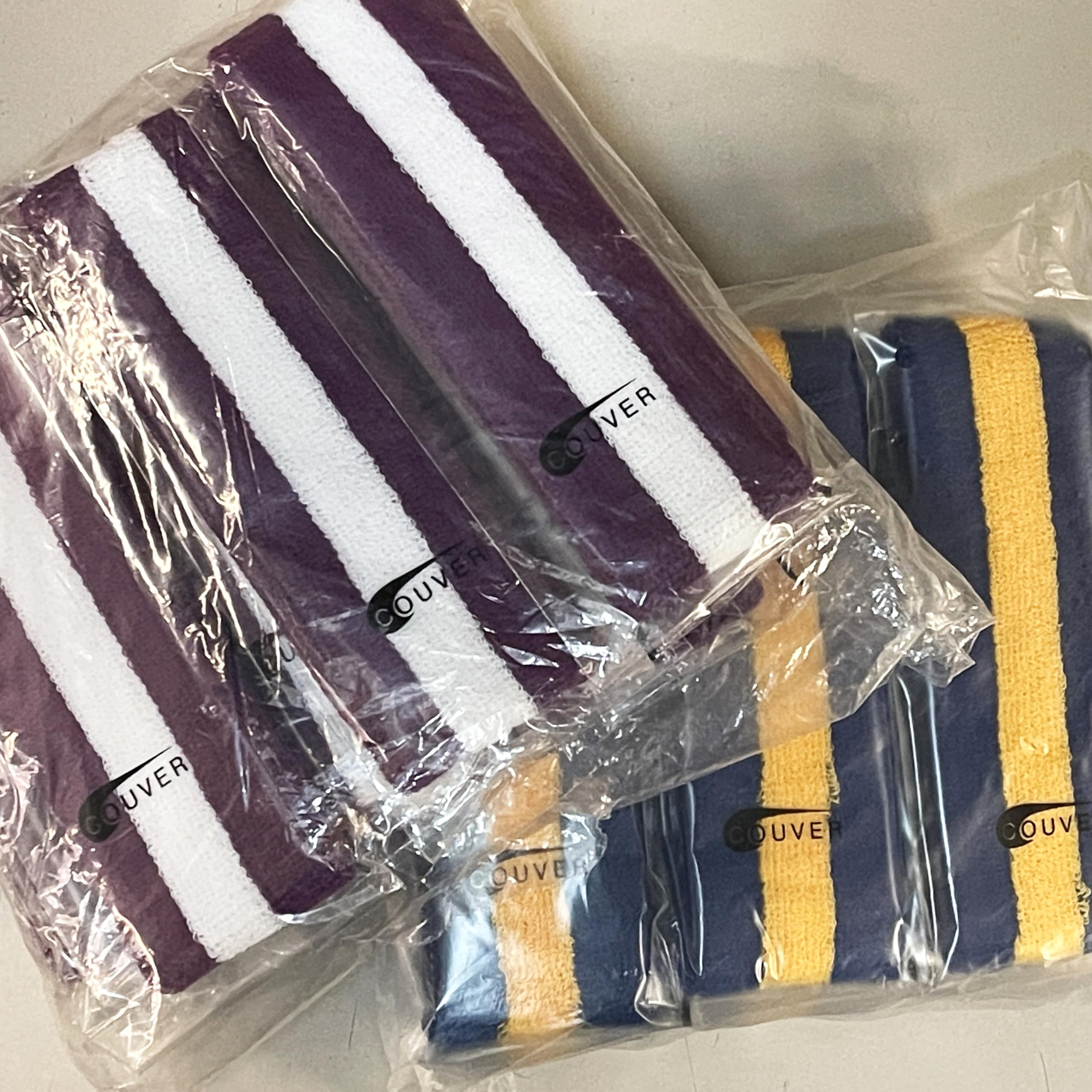 COUVER Stripe Sweat Headbands for Workout, Event, Party Favor, Regular, 12PCS Bulk Set, Blue/Yellow/Blue