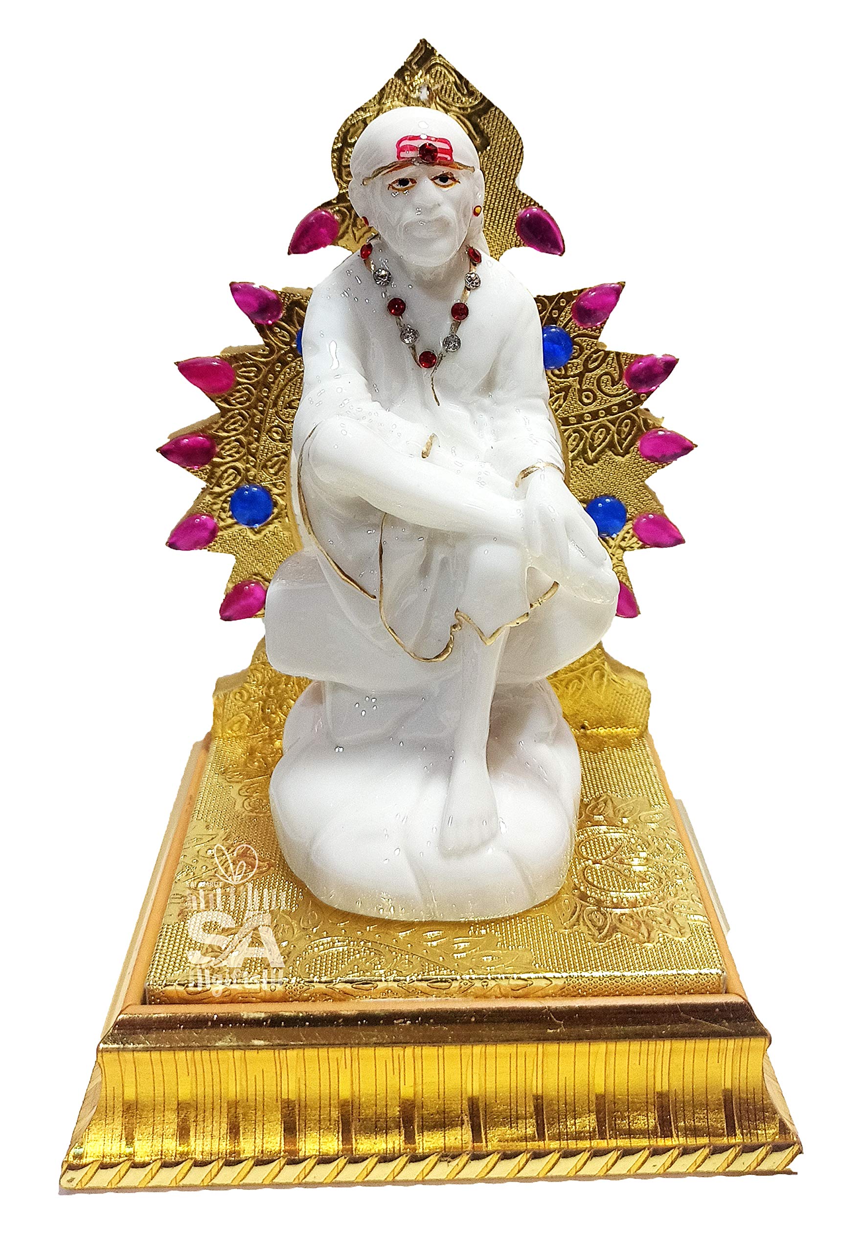 S A GIFTS Sai Amrut Italian Marble Saibaba on Wooden Sinhasan Idol & Figurine for Home & Pooja Room (4.5 Inch, White)