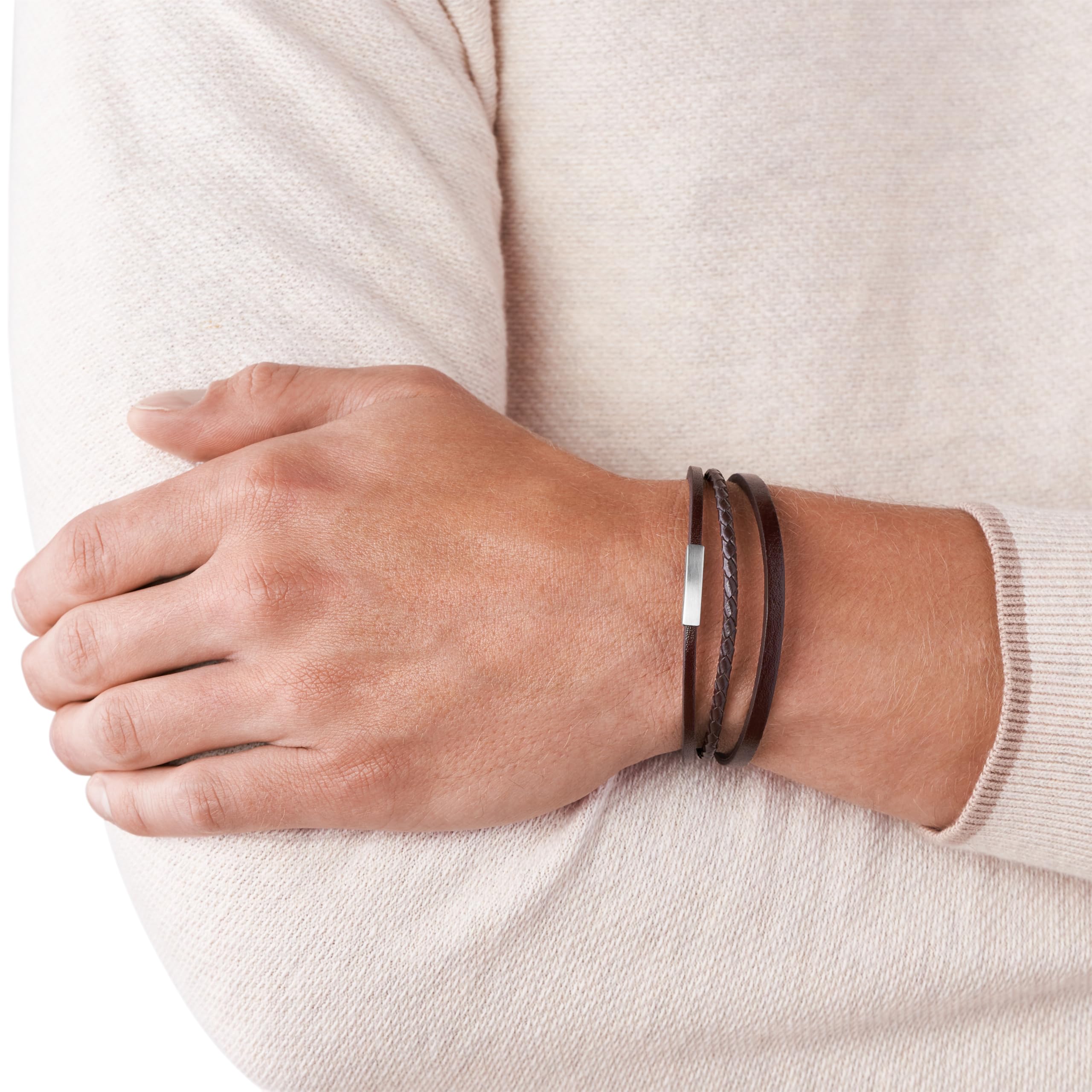 Bracciale multifilo in acciaio tonalità argento e pelle marrone