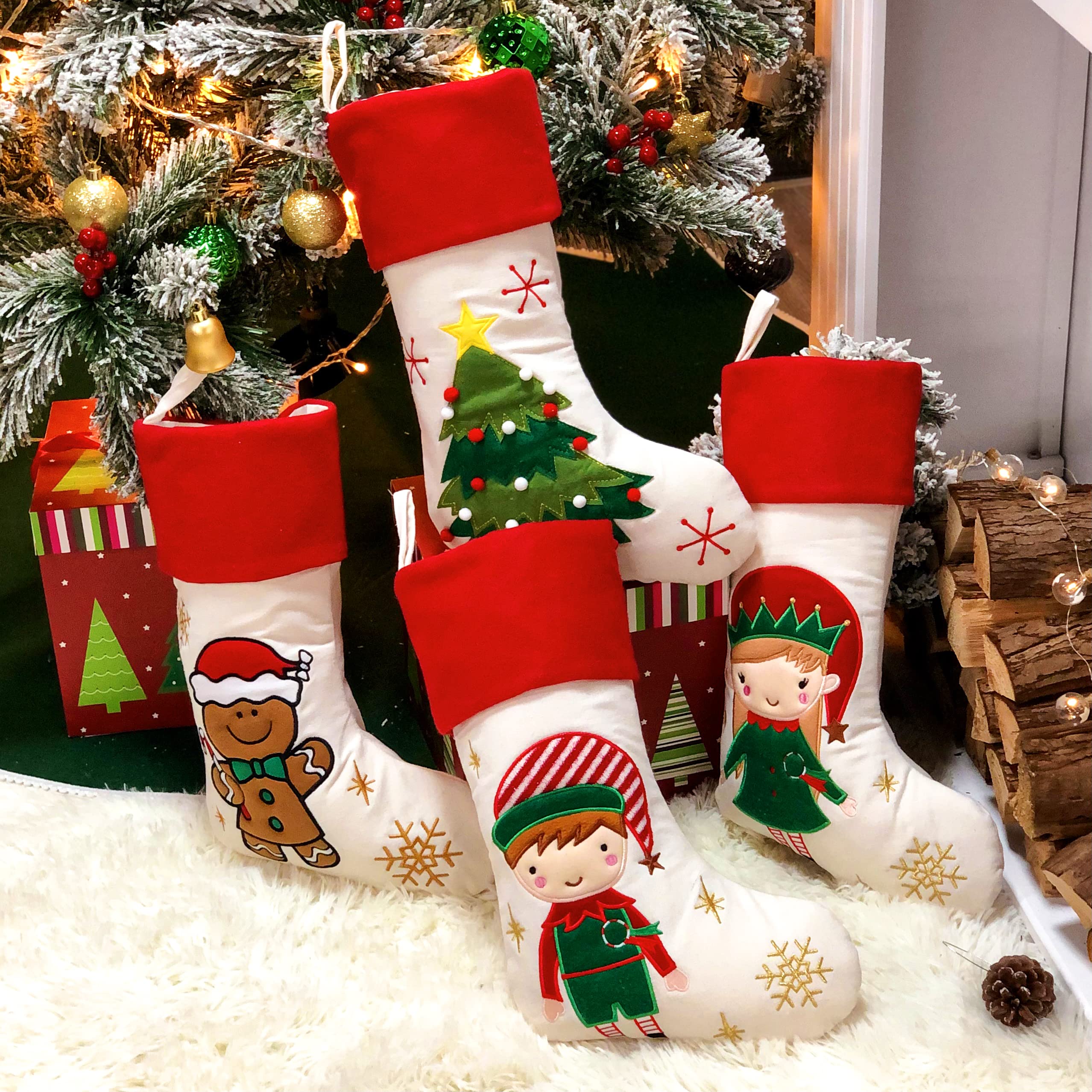 Hopearl 19-Zoll-Weihnachtsstrumpf-Set, 4-teilig, Weihnachtsstrumpf, Junge, Mädchen, Lebkuchenmann, rustikale Flachs-Socken, Halter, Ornament, Geschenktüten für Familie, Weihnachtsbaum, Partyzubehör