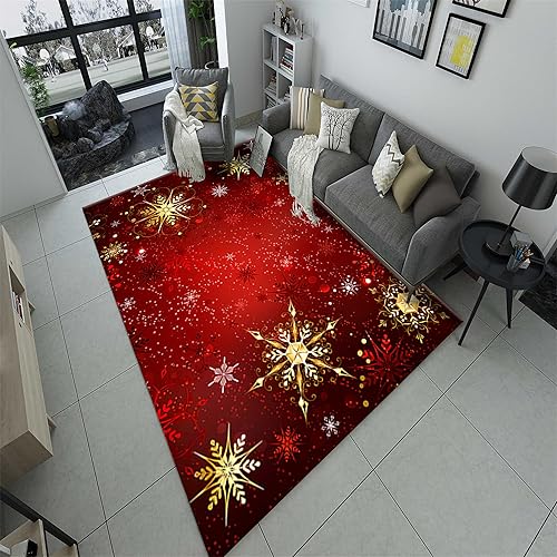 Miniatura 2 de Alfombra de Navidad con diseño de copos de nieve rojos, dorados y blancos, 3 x 5 pies, moderna alfombra abstracta de copos de nieve, decoración