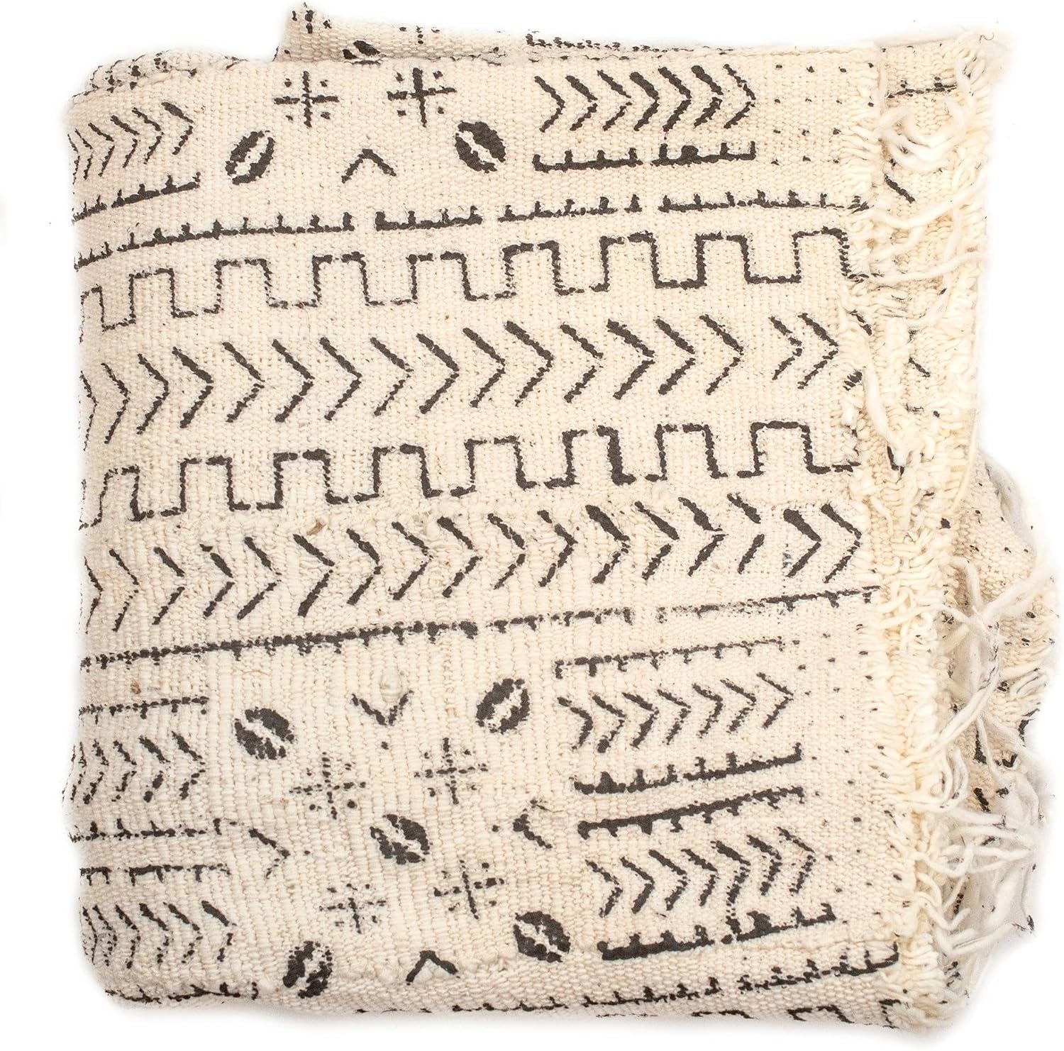 The Bead Chest White Bogolan Mali Mud Cloth - Handmade African Textile from West Africa - 40x64 Inches - Ideal for Home Decor, Boho Throw Blanket, Upholstery, or Crafts