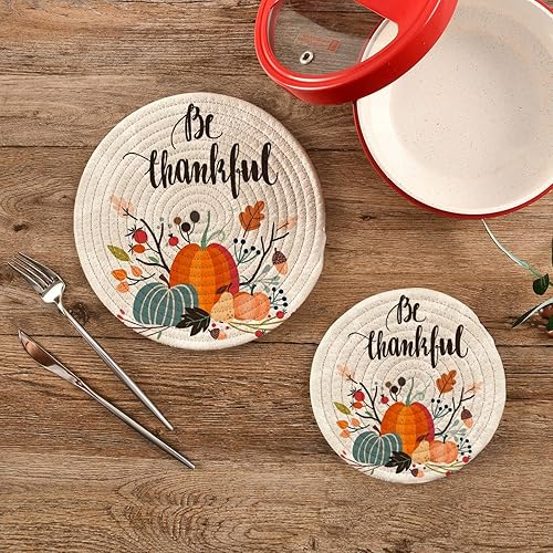 Miniatura 2 de ALAZA Juego de salvamanteles de algodón para ollas de otoño para el día de Acción de Gracias, diseño de calabaza, para el otoño, juego de posavasos