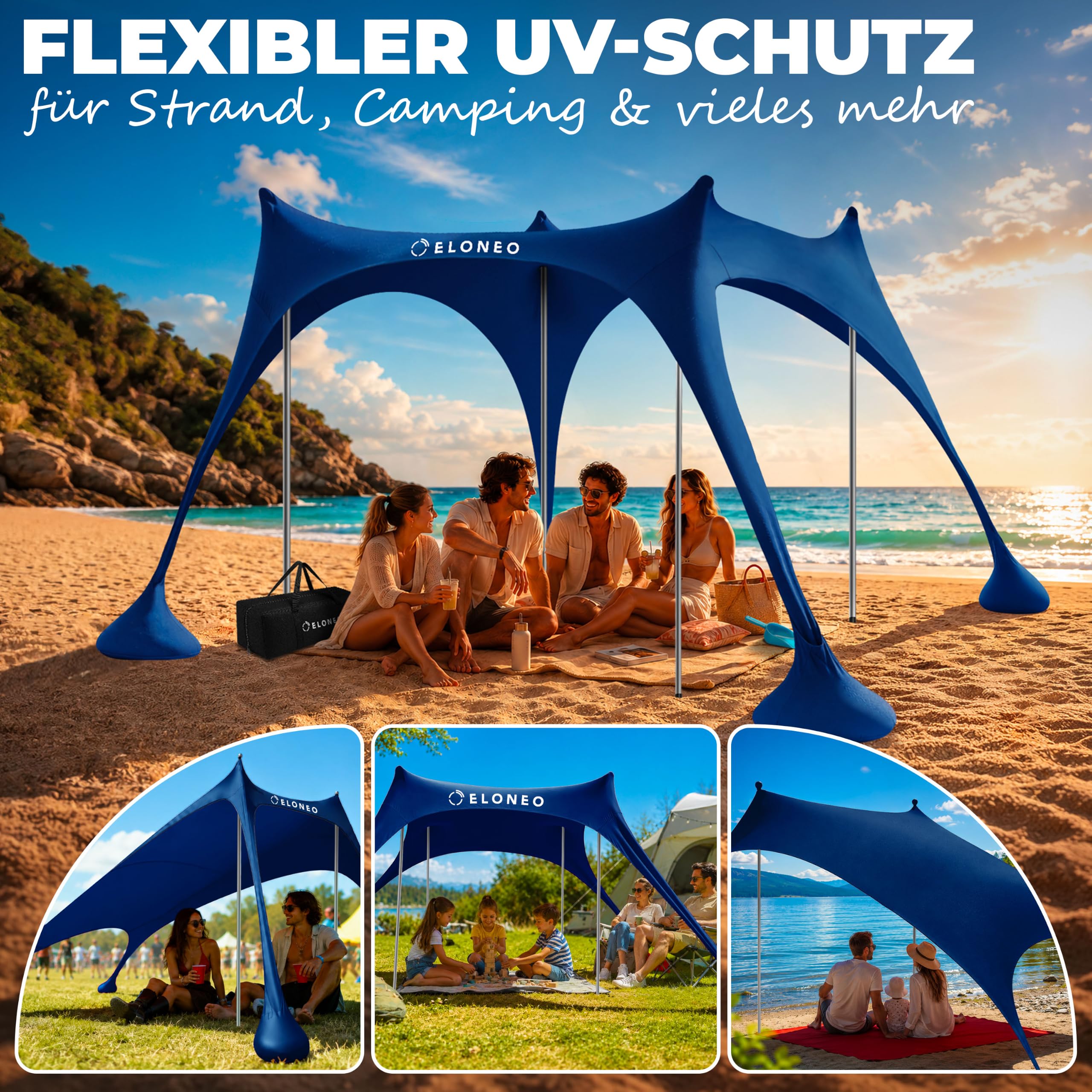 ELONEO Namiot plażowy, osłona przeciwsłoneczna na plażę 300x300x200 cm, SPF 50+, ochrona przeciwsłoneczna na plażę z łopatką do piasku, śledziami i drążkami stabilizującymi, granatowy