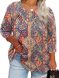 Womens Plus Size Tops 3/4 Length Sleeve Blouses Crew Neck Shirts Casual Loose Tunic Tops 1X-5X